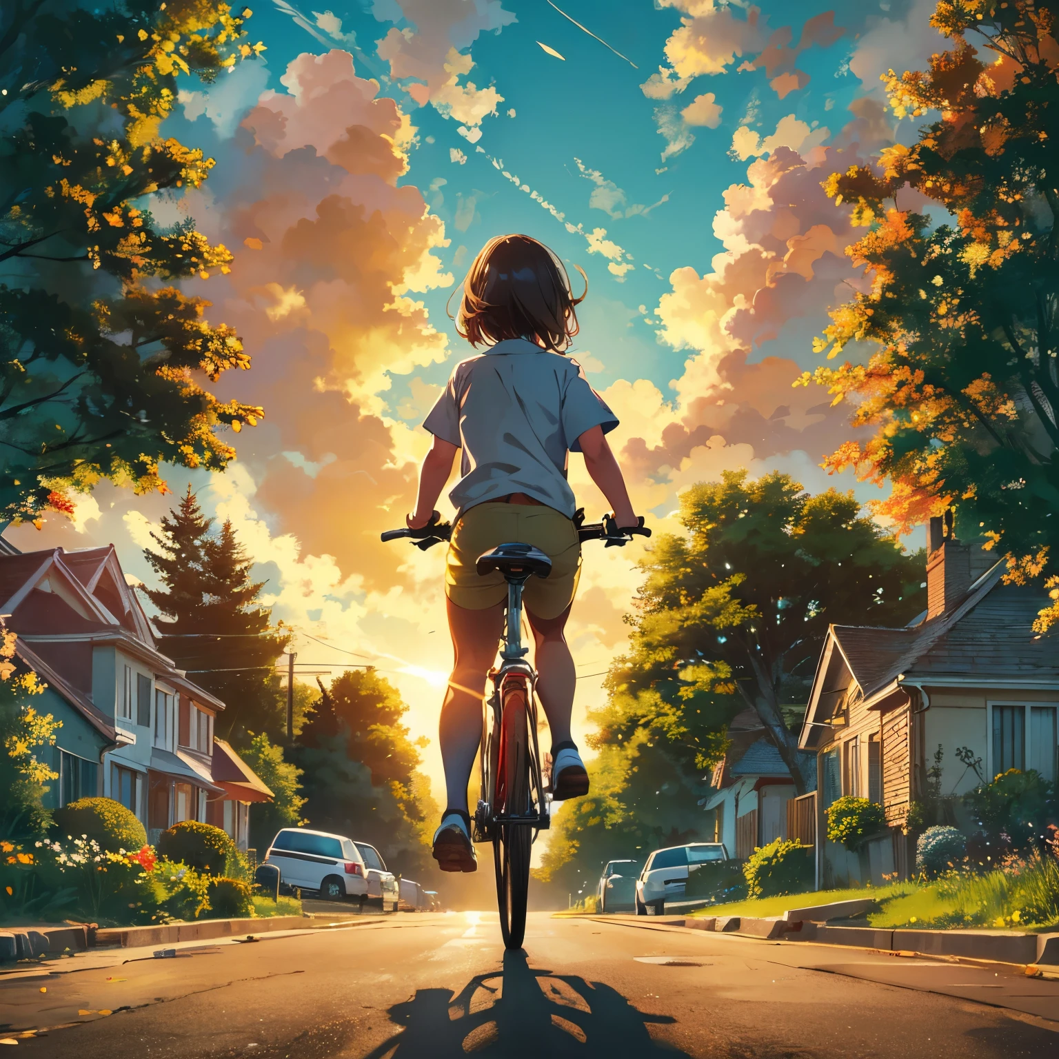 Cinematic quality with warm, golden-hour lighting, rich shadow detail, and a soft-focus realism. BREAK
Rear-view angle capturing a riding a bike away from the viewer, centered in the frame with a low horizon line. BREAK
A young character with shoulder-length hair, wearing a short-sleeve plaid shirt and shorts, silhouetted against the sunlight, hands gripping the bike handles. BREAK
A serene suburban street lined with detailed houses, lush trees, parked cars, and a dramatic sky filled with voluminous clouds illuminated by the setting sun's rays.