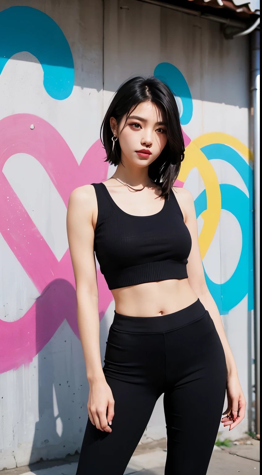 best quality, Clarity, 4k, 8k, detail, actual, Beautiful Girl, Korean makeup, black lips, pink and blue medium mullet hair, Perfect six pack body, full tattoo on body, stand, pose standing, medium chest, tank top, black legging Pants, Solid graffiti wall background, Graffiti art,