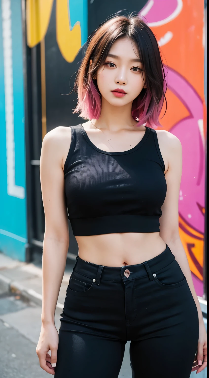 best quality, Clarity, 4k, 8k, detail, actual, Beautiful Girl, Korean makeup, black lips, pink and blue medium mullet hair, Perfect six pack body, full tattoo on body, stand, pose standing, medium chest, tank top, black legging Pants, Solid graffiti wall background, Graffiti art,