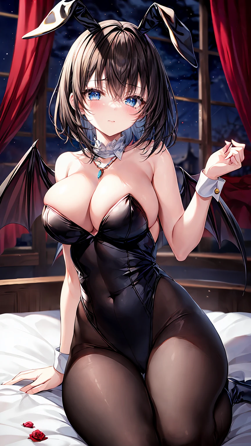 ((8Kmasterpiece,highest quality)), ultra high resolution, (masterpiece: 1.4), hyper detail, (((1 girl))),,Watery eye,blush,beautiful and delicate eyes,light blue eyes,Big eyes,shining eyes of light,Thin and long eyelashes,detailed light,beautiful face,((black hair)),((short hair)),Black Bunny Clothes,red bra,High leg,black tights,white high cut boots,wearing red extensions,necklace,hair ornaments,Succubus ears,(gem),Rose,flower,wine,Black wings on the back,Bedroom,red room,on the bed,((night)),(moody room),(Kinky beauty),troubled face,(please open your mouth wide),passionate pose,looking at the viewer, very delicate,slender body,long and soft chest,(very big )