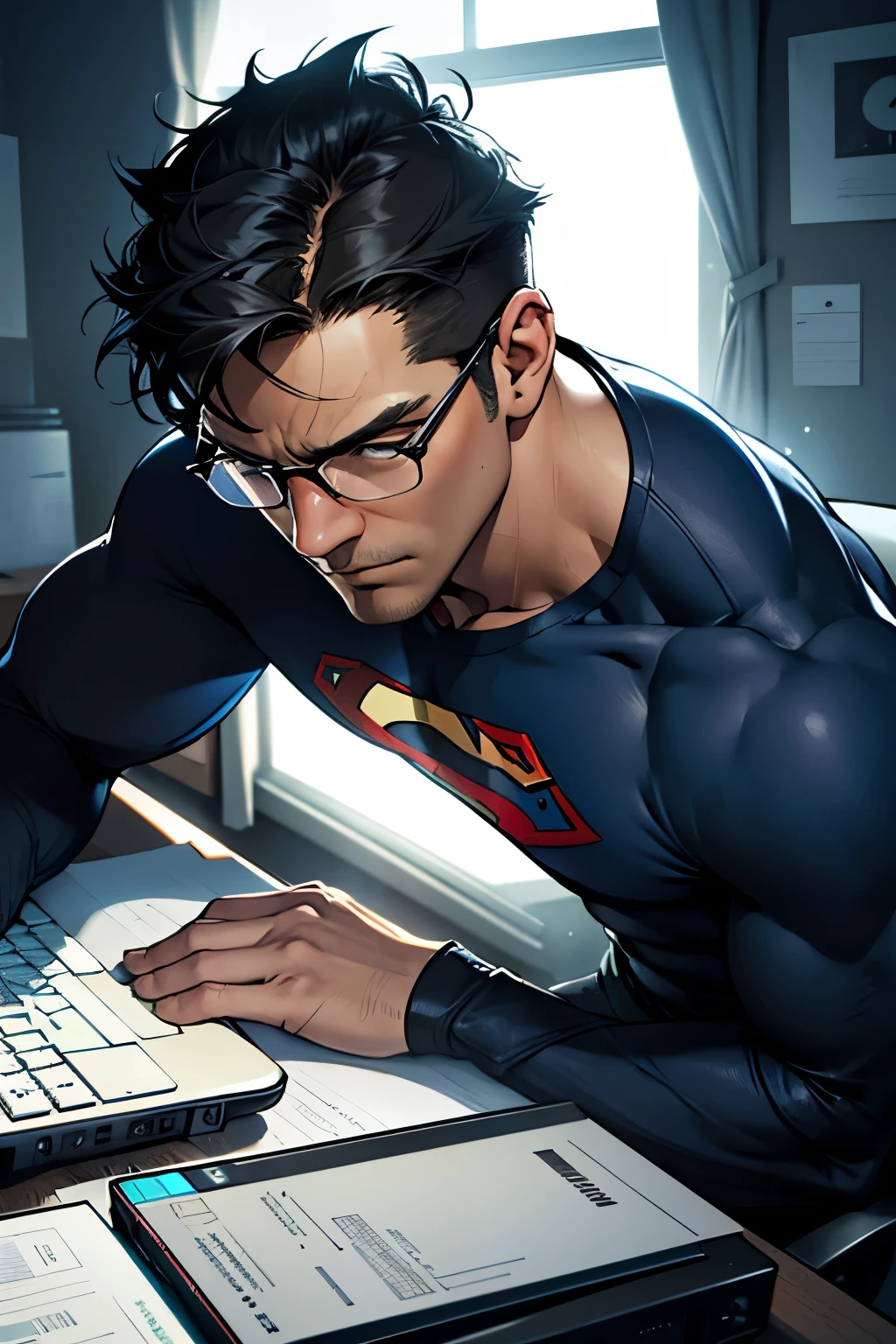 A man sits intently at a desktop, wearing glasses that frame his stoic features, evoking the iconic Superman persona in a realistic, clean, and relistic style. With a clear atmosphere and a 16:9 aspect ratio in 4k resolution, every detail is rendered in high definition - from the sharp lines of his chiseled jaw to the meticulous precision of the keys on his keyboard. His focused gaze, unwavering in the clear, well-lit room, exudes an air of intelligence and determination.