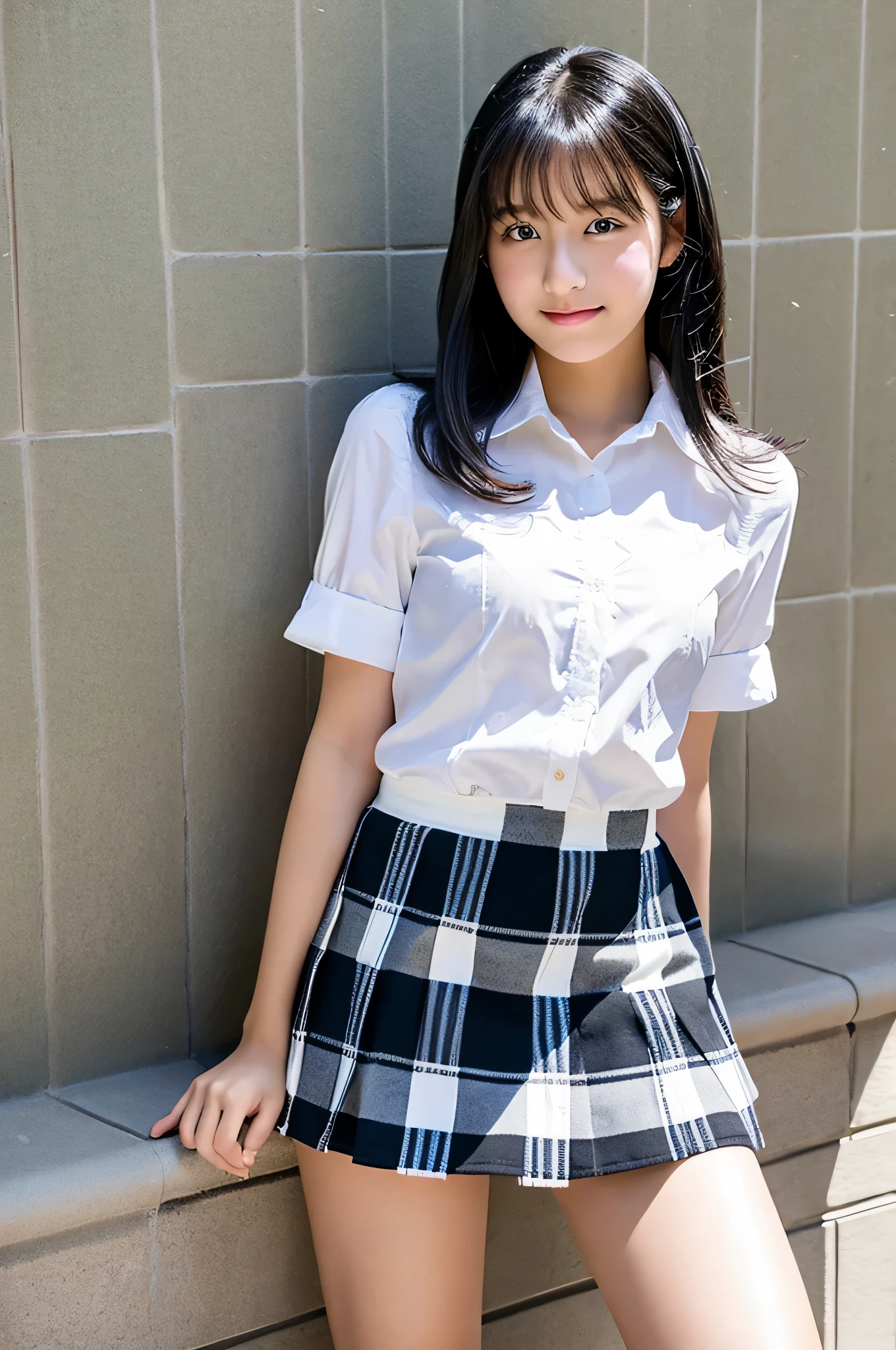 An 18-year-old high school girl wearing a checked super miniskirt and a white shirt...(black hair)
