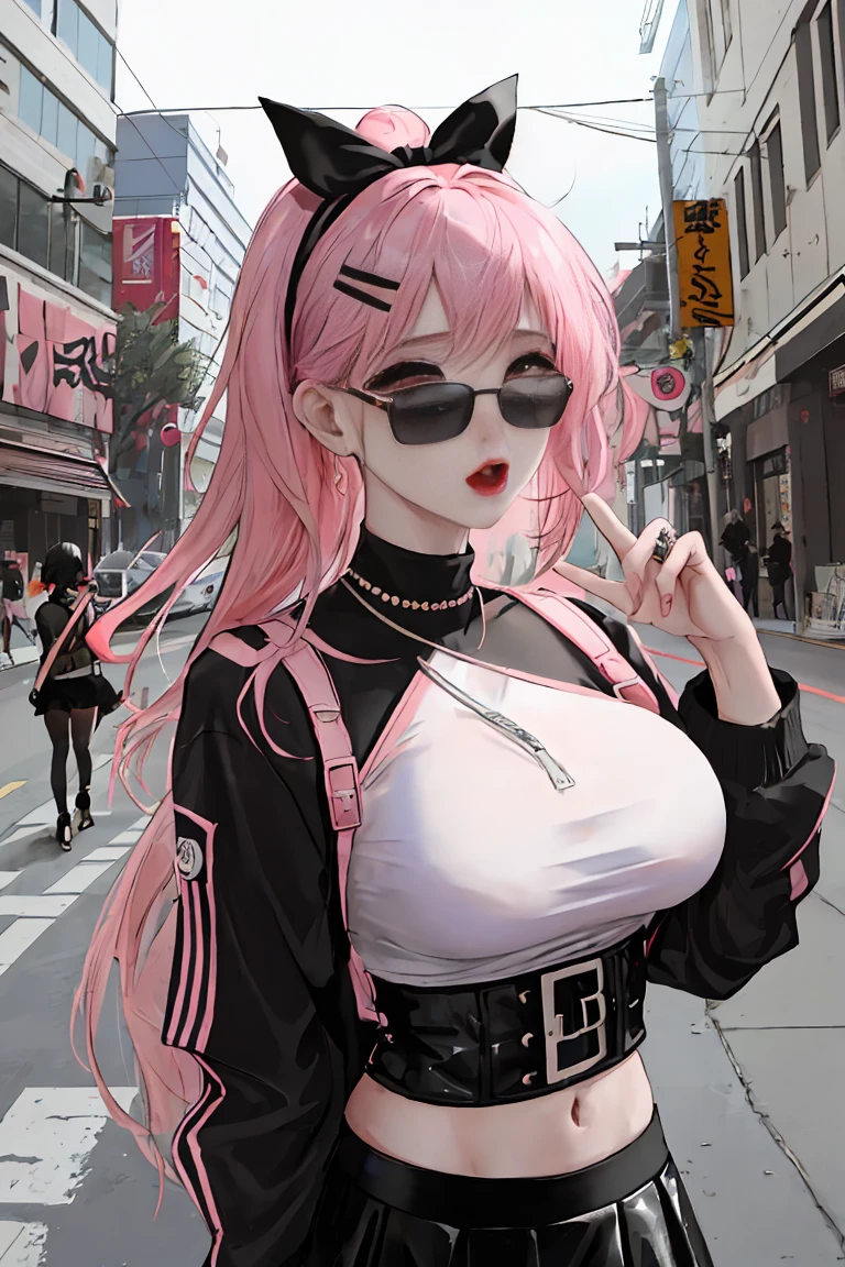 (Masseter muscle part:1.2、highest quality)、(live action、intricate details)、(1 female、solo、Upper body、big breasts) clothing: edgy、black jumper、pink mini skirt、avant garde、experimental appearance: pink long hair、dramatic makeup、unconventional fashion choices behavior: traitor、Runaway Ladies Leader、president、black jumper、pink mini skirt、Anti-system、provocative place: urban art district、underground music scene hobbies: bad girl、Create mixed media art、Experiment with different subcultures Values: personality、credibility、creative expression inspiration: Runaway Ladies Leader、president、counterculture icon、nature: boldness、unconventional。
