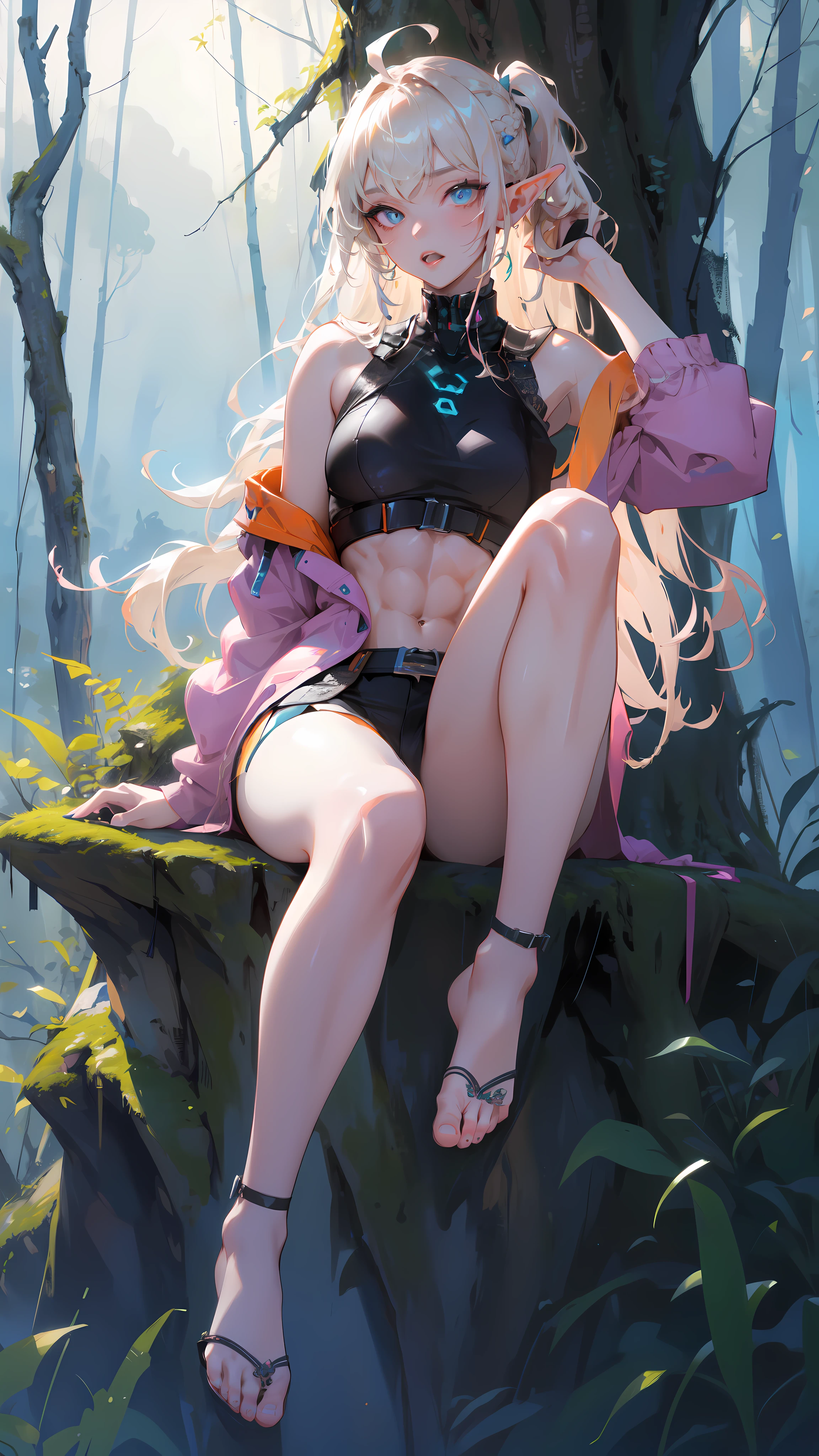((masterpiece)), (top quality), (best quality), ((ultra-detailed, 8k quality)), Aesthetics, Cinematic lighting, soft semi-backlit light, (detailed line art), absurdres, (best composition), (high-resolution),
BREAK,
a beautiful adult cyberpunk elf girl, (barefoot), black harajuku fashion, wearing techwear, wearing cyberpunk streetwear, techwear, cyberpunk techwear streetwear look and clothes, we can see them from feet to head, highly detailed and intricate, cyberpunk style, ((sitting, leaning against a tree)), singing, (((with a forest in the background))), (one arm behind Head), Breeze, anime illustration,  pastel colors, kawaii, cute colors, smooth,
BREAK,
highly detailed of (elf), (1girl), solo, perfect face, details eye, ahoge,  (braided bangs:1.3), ((long hair:1.2)), [[Messy hair]], blonde white shining hair,  blue eyes, shining eyes, (beautiful detailed eyelashes, eyeshadow, pink eyeshadow), open_mouth, design art by Mikimoto Haruhiko, by Kawacy, By Yoshitaka Amano,
BREAK, 
((perfect anatomy)), perfect body, Abs, medium breast, perfect hands, perfect face, beautiful face, beautiful eyes, perfect eyes, (perfect fingers, deatailed fingers), correct anatomy, perfect legs,