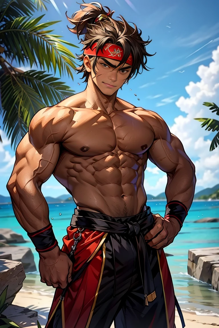 (Masterpiece, Best quality  boy，Shota), solo, Young, boy, Dark Short hair, full bodyesbian, Shirtless, babyface, topless, green headband, Vivid colors,(Depth of field:1.2),(Abs), view the viewer, black wristband, closed mouth, serious, topless male, pale tanned skin , Man with martial arts stance, epic kung fu pose,