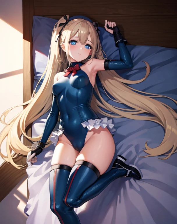highest quality,sleep on your back in bed,Crab crotch,show me your boots,thigh high boots,leotardチラ見せ,glove,elegant, 1 girl, leotard,body suit,cute, blushed, looking at the viewer, from below, prison,blue eyes, beautiful eyes, beautiful background, particles of light, Light of the sun, dramatic lighting, outside, shiny, realistic, table top, highest quality, Super detailed, get used to it, scenery, beautiful and detailed eyes, thin hair,full body shot,