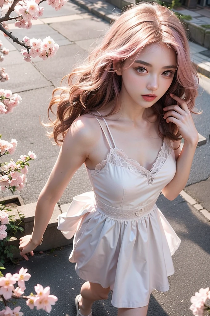(CG unity 8k wallpaper extremely detailed) (better quality) (better lighting) (an extremely delicate and beautiful) (floating) (beautiful) (spring atmosphere) (1girl) (long pink hair), (hair headband), (detailed and beautiful blue eyes), ((very short white dress, pink lace underside), (lace), ((light transparent silk))), (cherry blossom petals), (butterflies), (dof), (volumetric light) cinematic lighting, chromatic aberration, Sony FE GM, textured skin, high details, highres, 8k