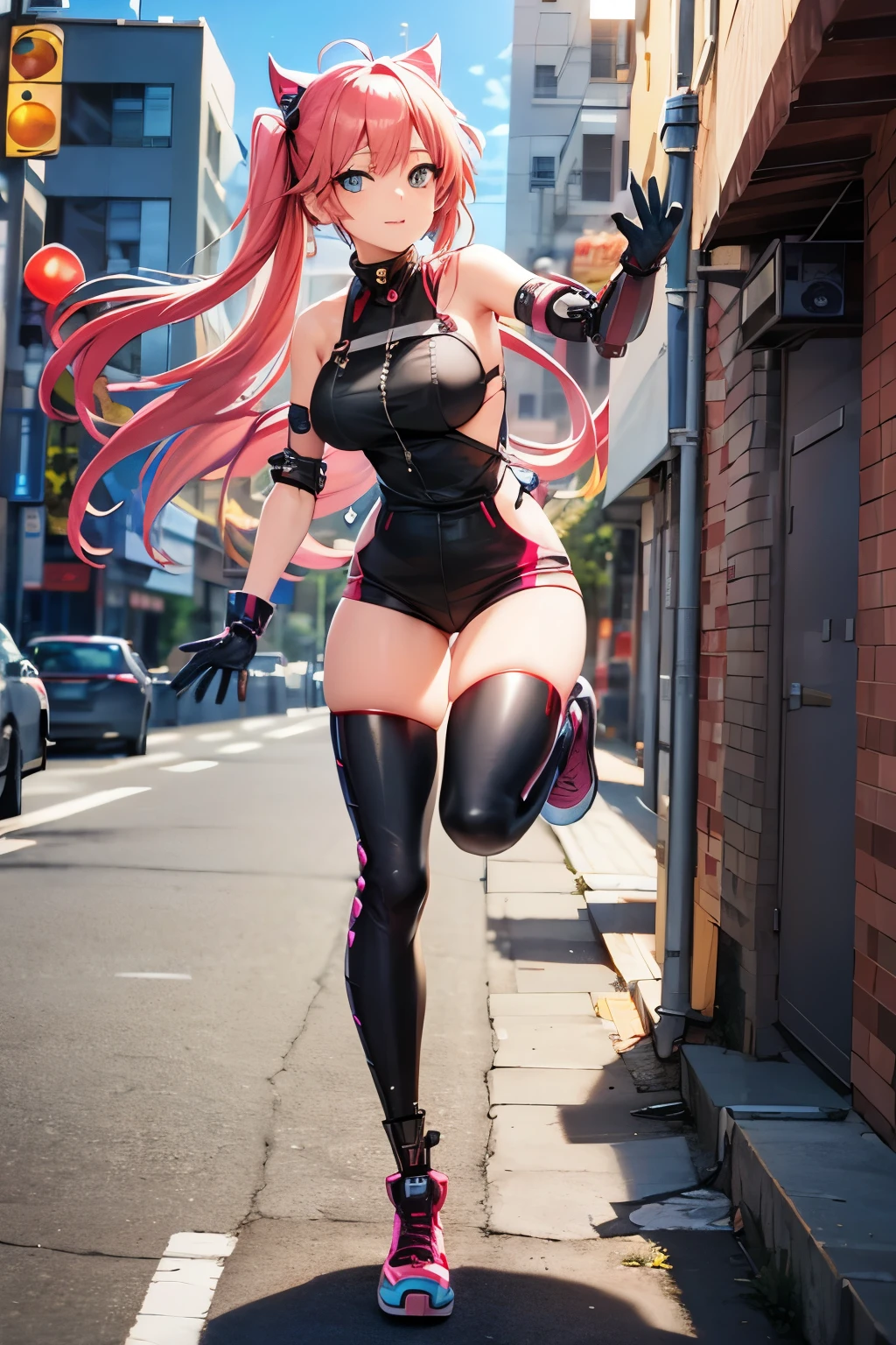 anime girl in black overalls posing on a city street, corpo inteiro! Ternos Asuka, cabelo twintail rosa e olhos ciano, garota de anime cyberpunk, Oppai Cyberpunk, female garota de anime cyberpunk, Biomechanical Oppai, personagem de anime; arte de corpo inteiro, arte cg de anime suave, estilo anime 3d, Ternos Asuka under clothes!