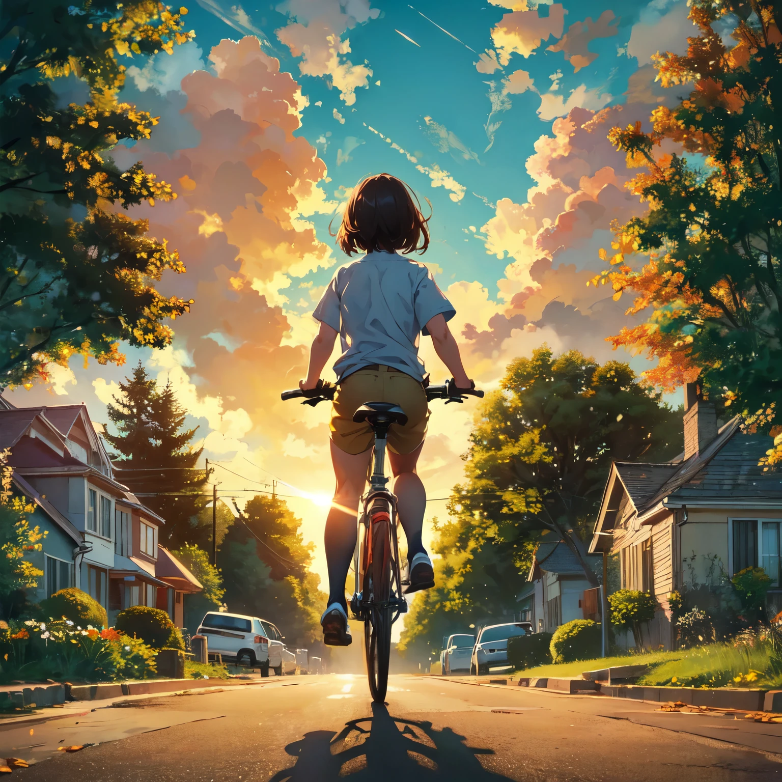 Cinematic quality with warm, golden-hour lighting, rich shadow detail, and a soft-focus realism. BREAK
Rear-view angle capturing a riding a bike away from the viewer, centered in the frame with a low horizon line. BREAK
A young character with shoulder-length hair, wearing a short-sleeve plaid shirt and shorts, silhouetted against the sunlight, hands gripping the bike handles. BREAK
A serene suburban street lined with detailed houses, lush trees, parked cars, and a dramatic sky filled with voluminous clouds illuminated by the setting sun's rays.