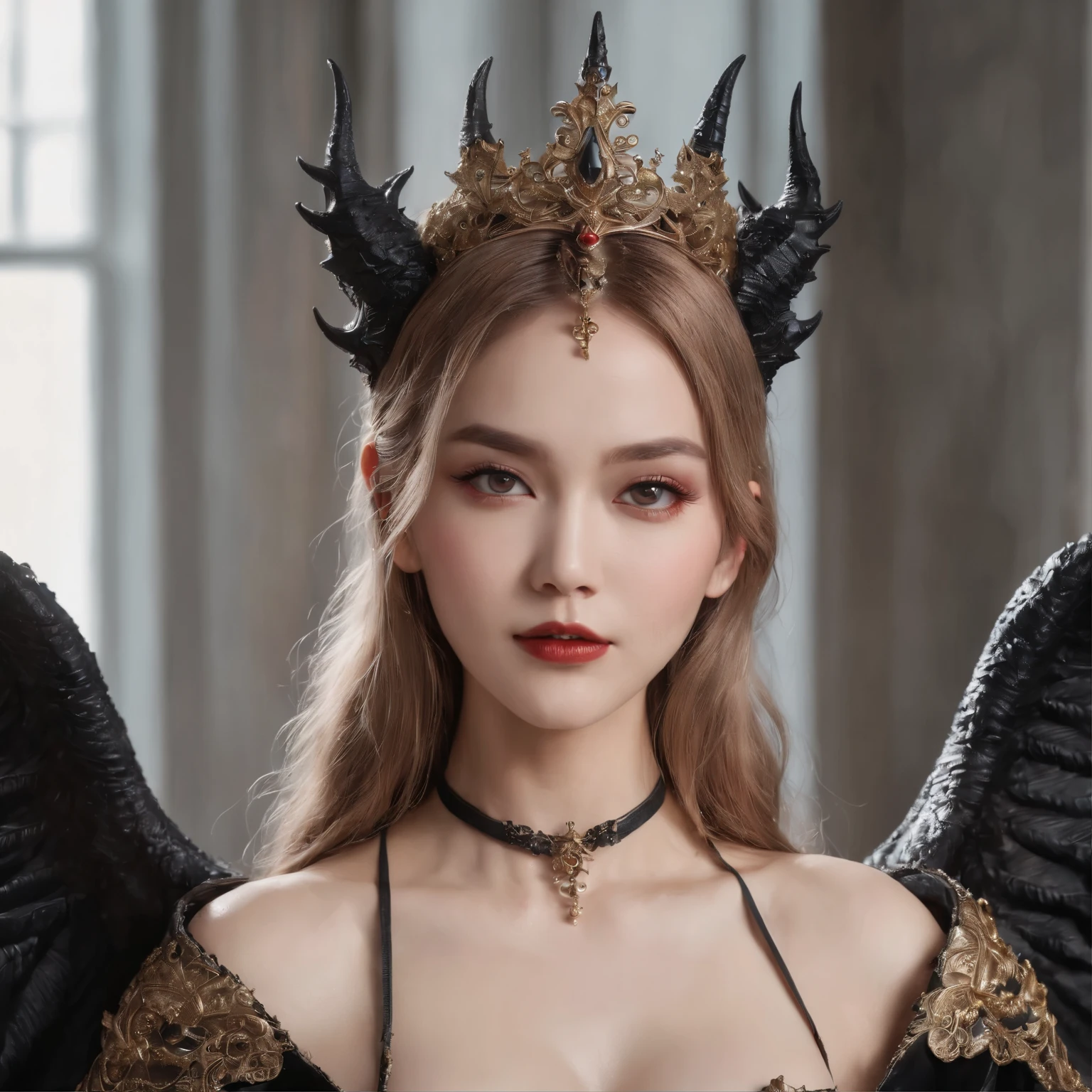 (highest quality、masterpiece、Award-winning work、Highest image quality、highest resolution、8K、super high detail)、the most beautiful devil princess、(The most luxurious devil princess&#39;s finest dress:1.1)、(The most luxurious and majestic costume:1.1)、The most complex and detailed texture、Finest wicked dress with the most intricate decoration、The most luxurious and highest quality giant tiara、The most luxurious and highest quality giant necklace、(The most realistic and intricately textured rough devil horns:1.1)、(Creepy monster wings with the most realistic texture:1.1)、(The wings of a monster with a very complex and detailed texture.:1.1)、(Rough corners with a very complex and detailed texture:1.1)、(High-quality jewelry decoration all over the body:1.1)、A bewitching and sexy expression staring at me、bewitching devil princess、big breasts、perfect makeup、evil eyeshadow、long eyelashes、black lipstick、accurate anatomy、cowboy shot、Very romantic and moody warm lighting、(blurred background)、The most luxurious and luxurious bedroom、devil princess&#39;s evil bedroom、Spooky decoration、Evil decoration、creepy and evil look