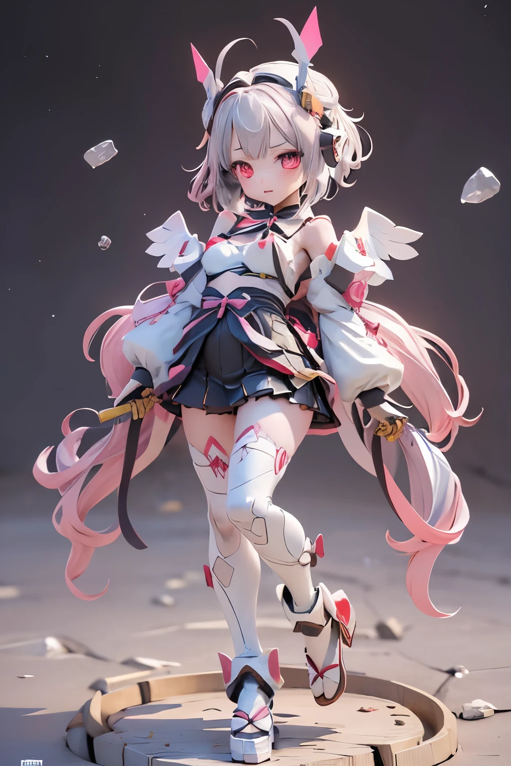 {(japanese young girl)}, (She is fused with futuristic Gundam mecha:1.2), with headgear, with v-fin , ((unarmored cleavage)), ((unarmored stomach)), ((unarmored upper arms)), ((unarmored face)), (unarmored hands), (unarmored waist), ((unarmored thighs)), (unarmored ankles), japanese girl wear light blue and white striped pantie under armor, full body:1.5, ,destroyed city background, multilayer textureperfect proportions, octane rendering, duotone lighting, Low ISO, wide aperture, White balance, Rule of thirds, ultra HD16k, HDR (High Dynamic Range), Ray Tracing, NVIDIA RTX, Super Resolution, Subsurface Scattering, PBR Texturing, Post Processing, Anisotropic Filtering, Depth of Field, Maximum Clarity and Clarity, High efficiency subpixel, subpixel convolution, particles of light, light scattered, Tyndall effect, full body:1.5, battle pose, cute, (cute:1.2), (bob cut:1.3),三つ編み, 黒髪, 太い眉毛, 薄い色の虹彩, 大きくて輝いている黒い瞳, 長いまつげ, 小さく薄い色の自然な唇, (Average face of Japanese idols), (日本人特有の童顔:1.3), (), 広いおでこ:1.2, ふっくらした頬, 小さな顎, visible side boob, (mechanical wings), holding weapon,holding huge weapon, holding Very large shield, , asymmetric body,looking at viewer,Focus on the eyes,with sleek and menacing design, (完璧な4本の指, 親指1本),