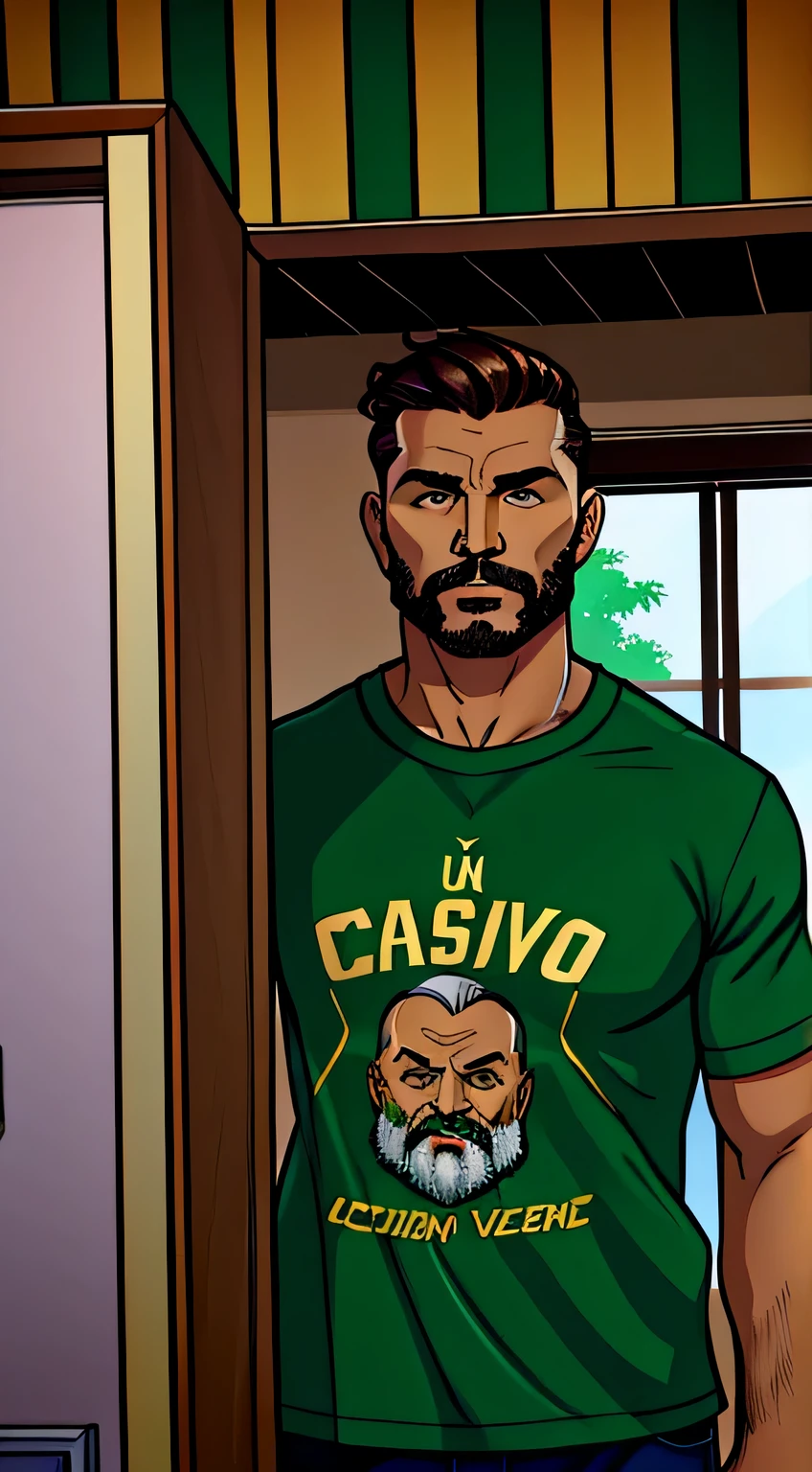 um homem de 35 anos, cabelos castanhos, calvo forma v, camisa verde e short creme