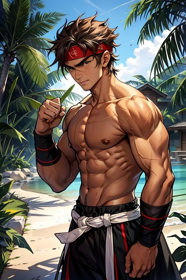 (Masterpiece, Best quality  boy，Shota), solo, Young, boy, Dark Short hair, full bodyesbian, Shirtless, babyface, topless, green headband, Vivid colors,(Depth of field:1.2),(Abs), view the viewer, black wristband, closed mouth, serious, topless male, pale tanned skin with tight muscler body, Man with martial arts stance, epic kung fu pose,