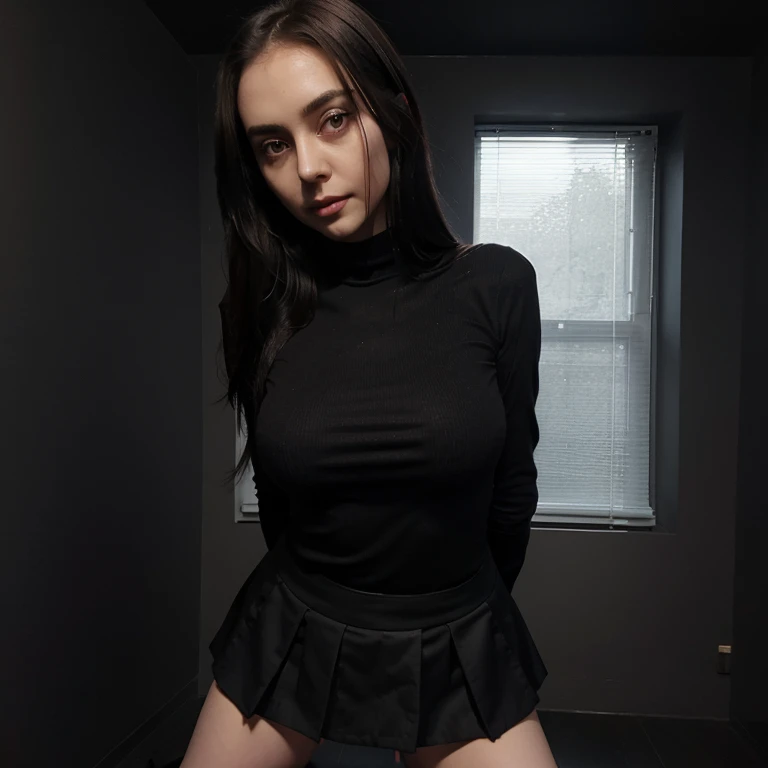1 girl, pale skin, black and red medium hair , black shirt, black stockings, black necklace, dark blue eyes.