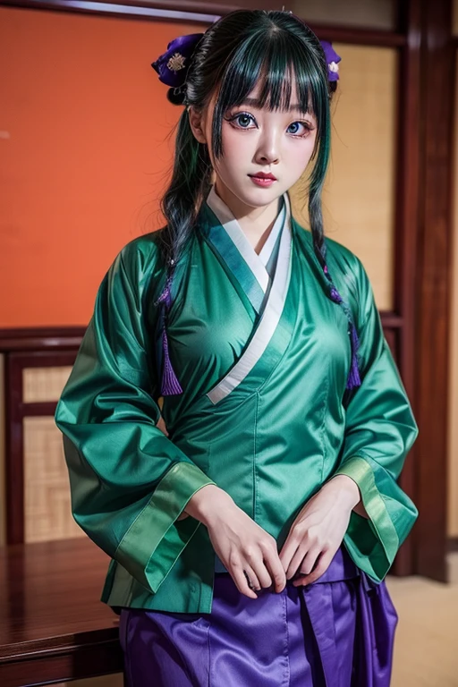 Highest quality, 8ก, very detailed, Virtual image, 1 girl, All in all, Chinese style kimono, green jacket, purple long skirt, blue eyes, a green hair