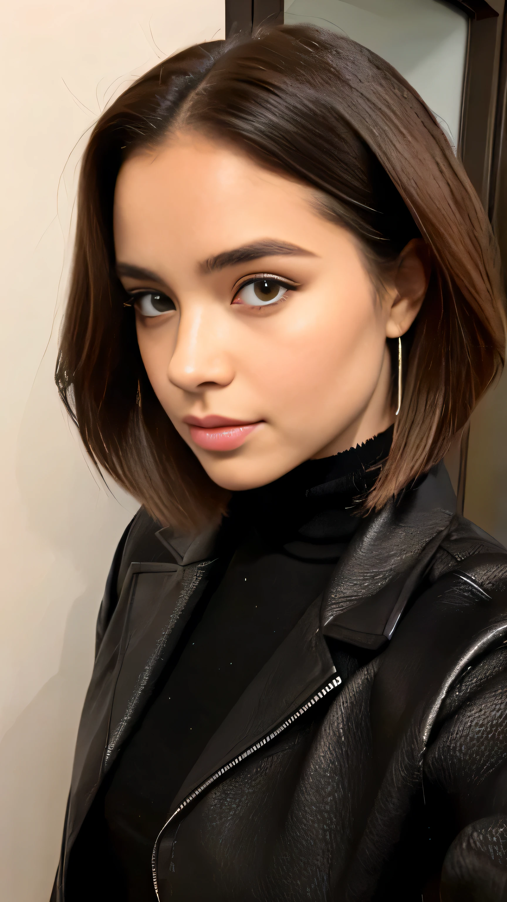 arafed woman with a black shirt and a black jacket, portrait sophie mudd, selfie of a young woman, tessa thompson inspired, with professional makeup, glowy, profile image, sexy face with full makeup, detailed flawless face, sultry look, perfectly lit face, headshot profile picture, light skin, ayahausca, with brown skin
