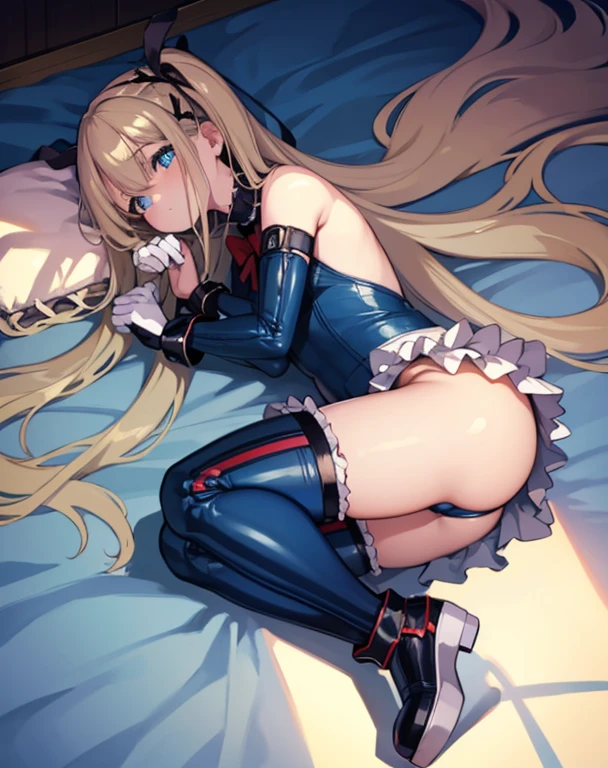 highest quality,sleep on your back in bed,Crab crotch,show me your boots,thigh high boots,leotardチラ見せ,glove,elegant, 1 girl, leotard,body suit,cute, blushed, looking at the viewer, from below, prison,blue eyes, beautiful eyes, beautiful background, particles of light, Light of the sun, dramatic lighting, outside, shiny, realistic, table top, highest quality, Super detailed, get used to it, scenery, beautiful and detailed eyes, thin hair,full body shot,