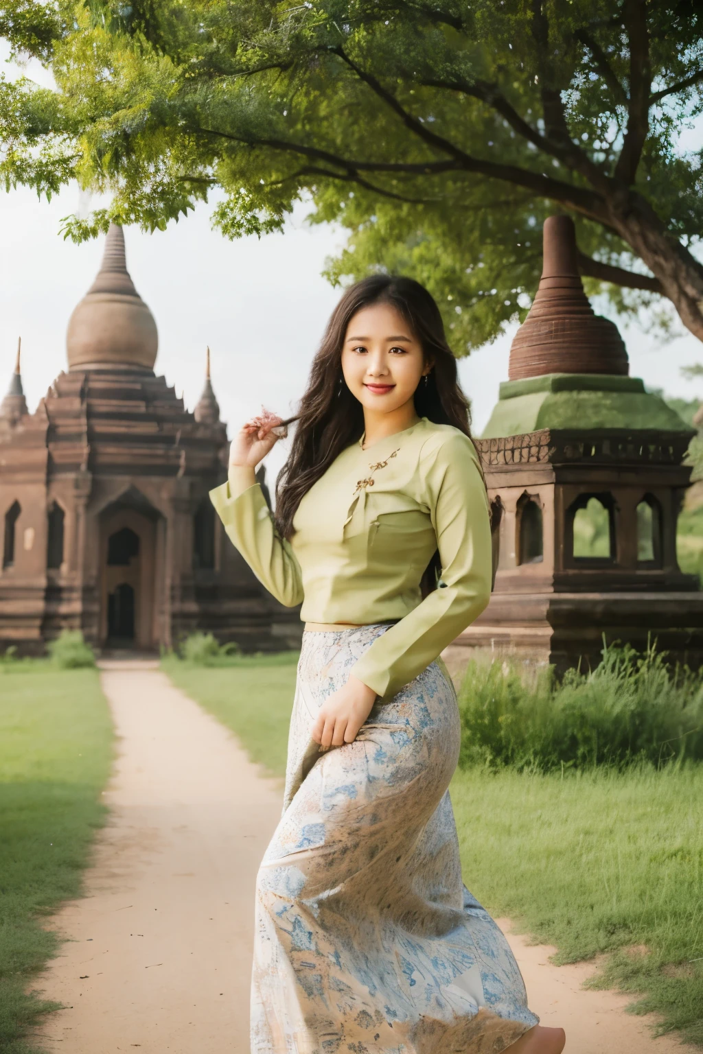 a beautiful girl with cute dimples, smiling, wearing
burmese dress, walking in Bagan's street,
ACMM LS OUTFIT, WEARING ACMM TOP OLIVE
GREEN ACMM TOP; LONG SLEEVES, WEARING
ACMM LONG SKIRT, OLIVE GREEN ACMM LONG
SKIRT, PRINTED SKIRT
OUTDOORS, SCENERY, TRADITIONAL MEDIA,
SKY, DAY, PHOTO BACKGROUND, REAL WORLD
LOCATION, ARCHITECTURE, NATURE, RUINS
LANDSCAPE, BAGAN ANCIENT PAGODA
BACKGROUND