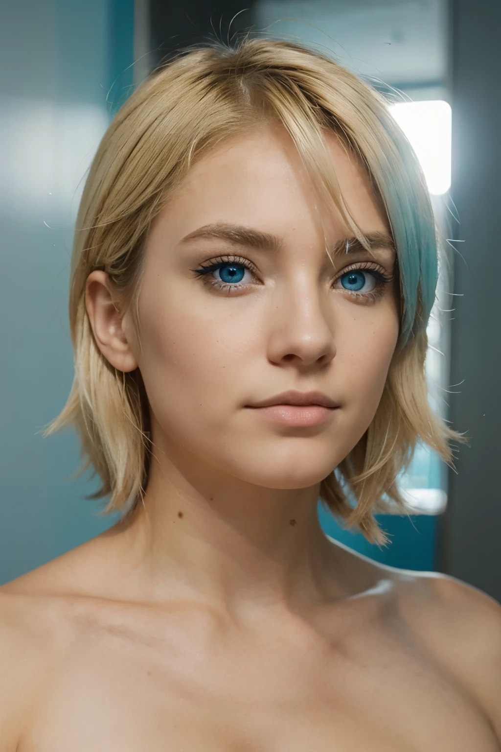 Blue eyes , average build, Brown hair