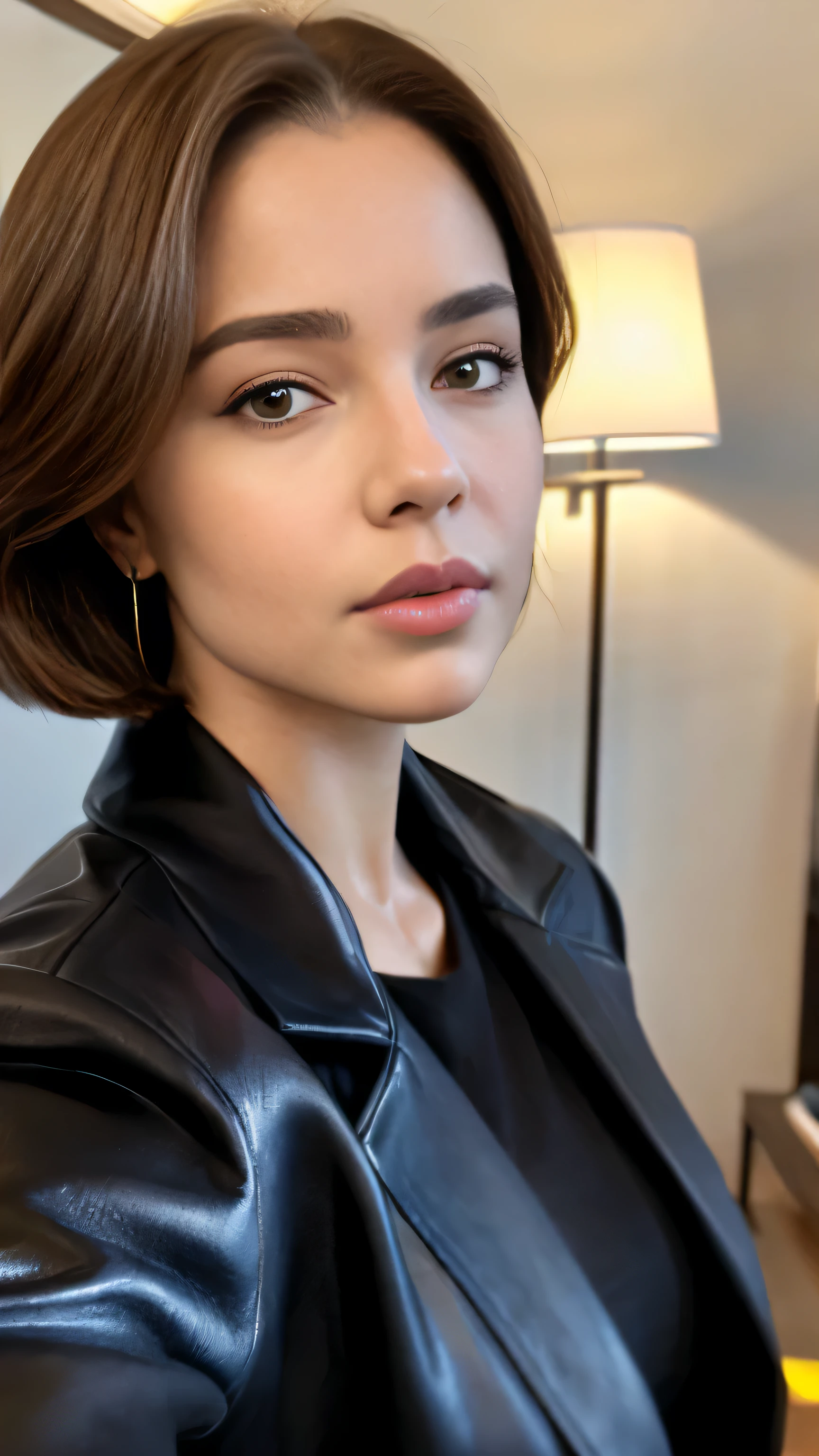 arafed woman with a black shirt and a black jacket, portrait sophie mudd, selfie of a young woman, tessa thompson inspired, with professional makeup, glowy, profile image, sexy face with full makeup, detailed flawless face, sultry look, perfectly lit face, headshot profile picture, light skin, ayahausca, with brown skin