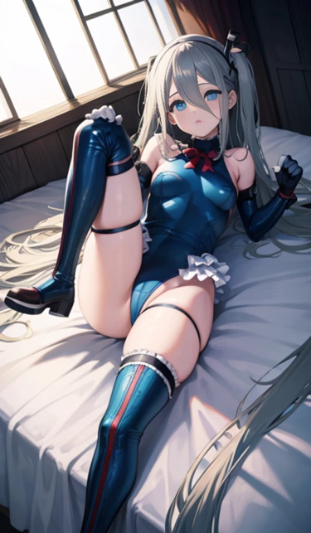 highest quality,sleep on your back in bed,Crab crotch,show me your boots,thigh high boots,leotardチラ見せ,glove,elegant, 1 girl, leotard,body suit,cute, blushed, looking at the viewer, from below, prison,blue eyes, beautiful eyes, beautiful background, particles of light, Light of the sun, dramatic lighting, outside, shiny, realistic, table top, highest quality, Super detailed, get used to it, scenery, beautiful and detailed eyes, thin hair,full body shot,