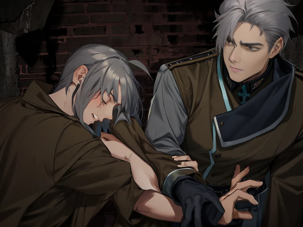 Inside the dungeon　dark　　black military uniform　　men and women　Men with gray hair　Man is grabbing woman's arm　　A black-haired woman wearing a brown cloth