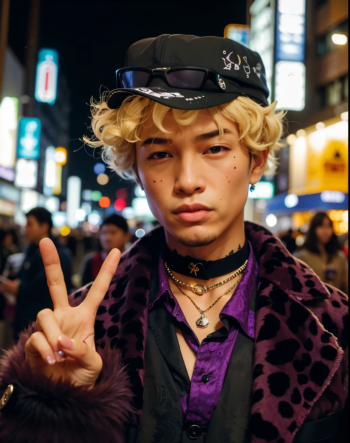 sharpened man in a purple coat and hat making a peace sign, japanese streetwear, peep, cute japanese demon boy, wearing moda urbana ciberpunk, capanga de rua cyberpunk, moda urbana ciberpunk, cai xukun, estilo realista, inspirado em Zhu Da, tokyo fashion, wearing Japanese techwear, album art, bladee da gangue de drenagem, tokyo inspired