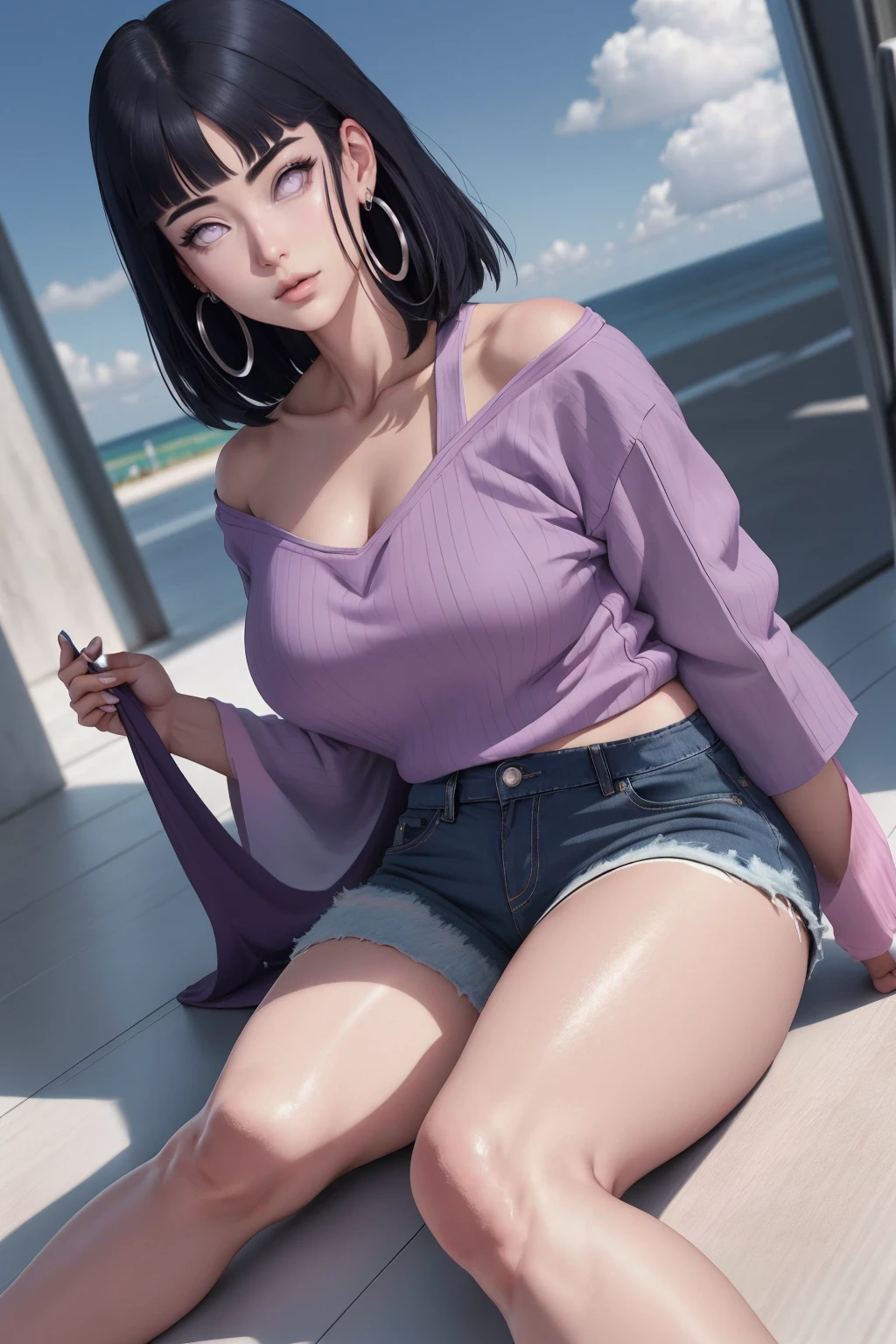 { - anatomy error} (Masterpiece - Ultra-detailed, very high resolution) , absurdos, Hinata\(Boruto\), 1girl, sozinho,Mature female, Capuz roxo,mangas em camadas, jeans, ao ar livre, Cloudy sky, perfect composition, circunstanciado lips, peito grande, beautiful face, body propotion, corar, (pink lips), cabelos pretos curto (black hair), lilac eyes, olhar suave, super realistic, circunstanciado, rosto e corpo realistas, Realistic hair, olhos realistas, nariz realista, realistic lips, with large hoop earrings,  anime. Walking on the floor with lilac shoes.