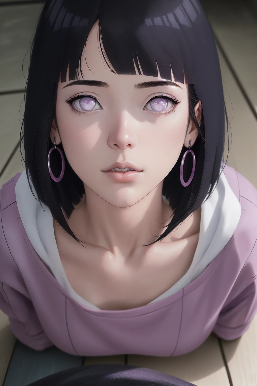 { - anatomy error} (Masterpiece - Ultra-detailed, very high resolution) , absurdos, Hinata\(Boruto\), 1girl, sozinho,Mature female, Capuz roxo,mangas em camadas, jeans, ao ar livre, Cloudy sky, perfect composition, circunstanciado lips, peito grande, beautiful face, body propotion, corar, (pink lips), cabelos pretos curto (black hair), lilac eyes, olhar suave, super realistic, circunstanciado, rosto e corpo realistas, Realistic hair, olhos realistas, nariz realista, realistic lips, with large hoop earrings, anime. Walking on the floor with lilac shoes.