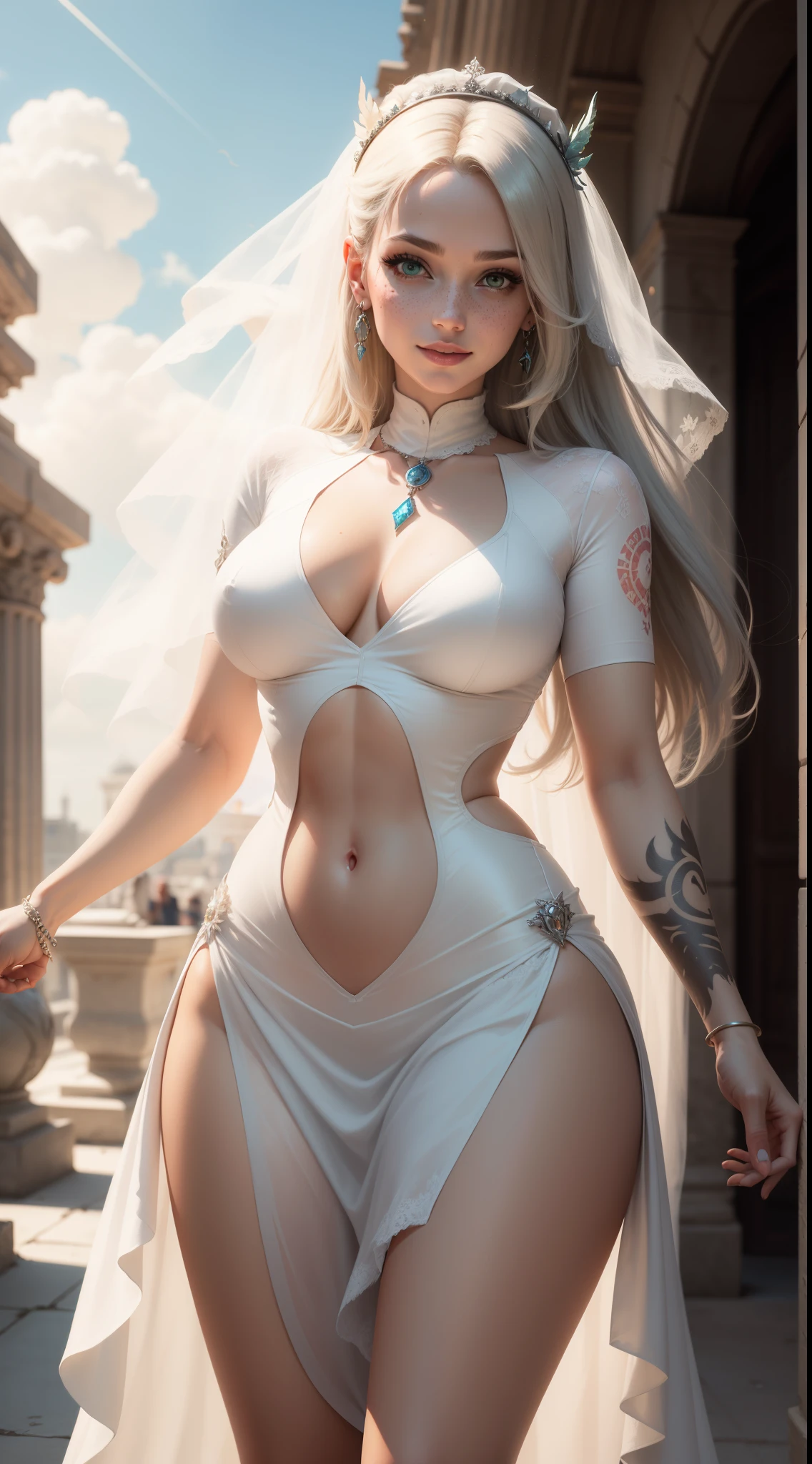 gwen tennyson,yorha 2b,mercy,jill valentine, overwatch,atelier ryza,close up,greek temple, tattoos,orange and white plugsuit,white short sleeve bride top,crystal short sleeve bride dress,tight micro skirt,angel halo,uncovered belly,long bride hair,punk makeup,green eyes,multicolored silver hair,long dress train,sexy smile,freckles,beautiful girl,thigh high boots,large breasts,8k,ultra detailed,realistic,fantasy art,long bride dress,hair pin,ear piercings,crystal head and neck jewelry,(weather:windy),1girl,long orange angel cloak, large angel wings,