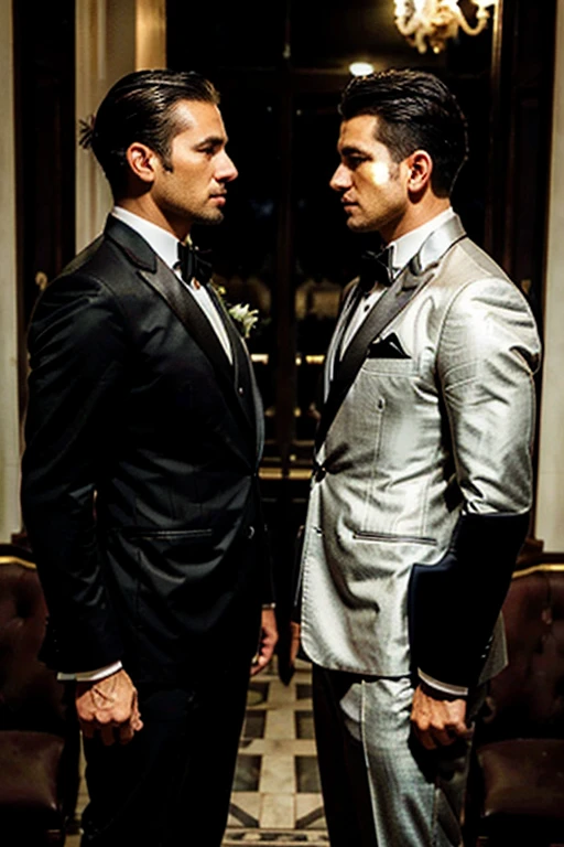 Two freemasons in tuxedos, 35 years old, well groomed, stand facing each other in profile. Both look determined. Full body shot in frame, side view. Each wears a masonic jewel and masonic apron.