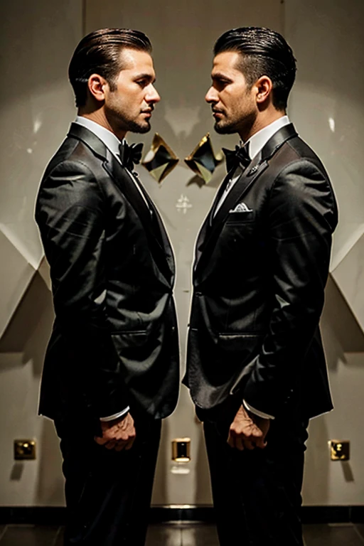 Two freemasons in tuxedos, 35 years old, well groomed, stand facing each other in profile. Both look determined. Full body shot in frame, side view. Each wears a masonic jewel and masonic apron.