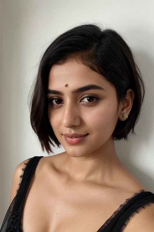 instagram photo, 21yo french woman, short hair, black hair, closeup portrait, pale, hard shadows. Make Best Indian Relaistic version of Indian Girl and Wear a Best Dress Full Pic and Best Pose Pic in a Indian Place Best 