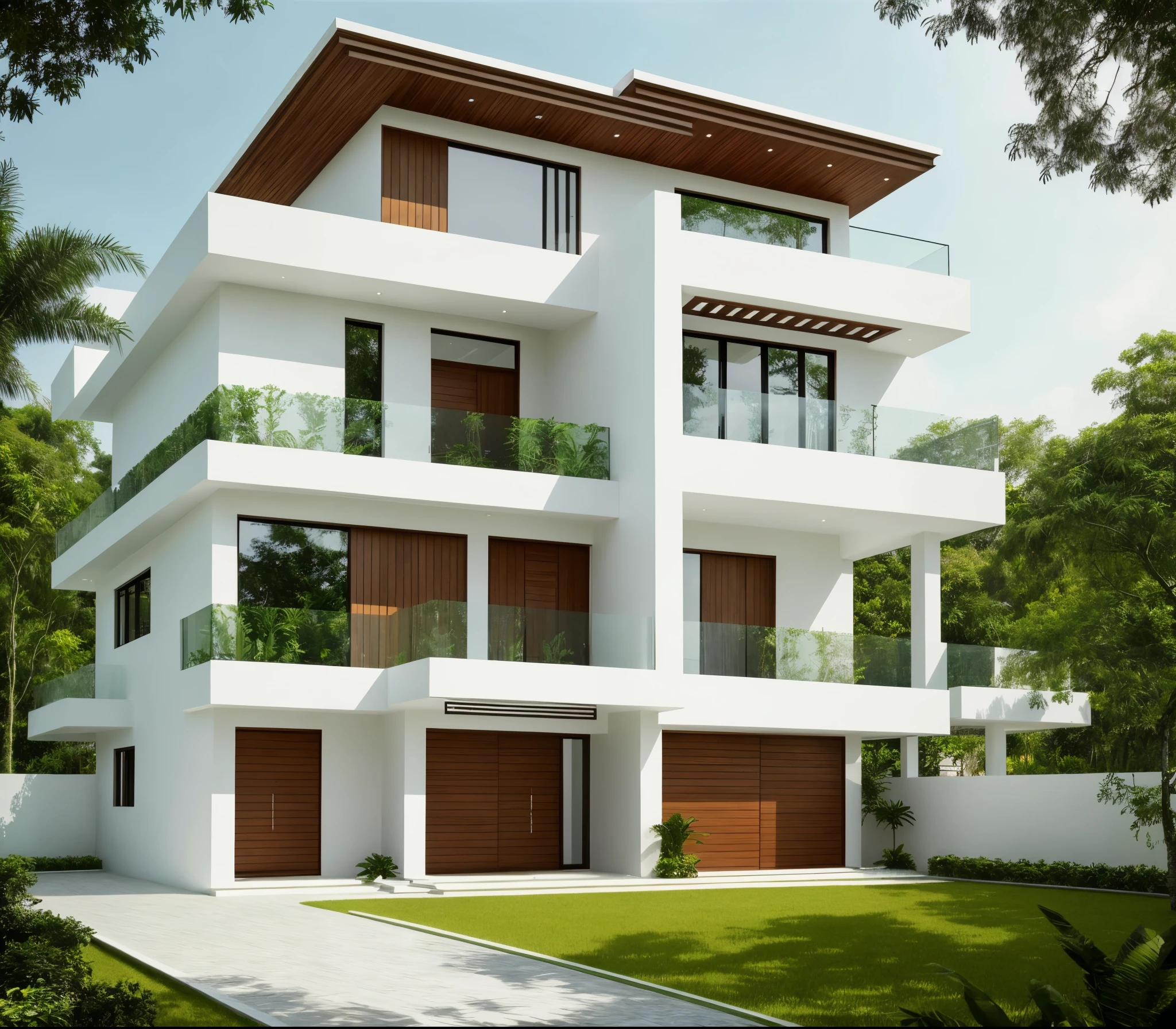 ((best quality)), ((masterpiece)), (detailed), HD 4K Photorealistic, highly detailed, Create a modern Vietnamese-style villa with a sleek and modern front featuring a blend of glass and wood. The walls are white with lush greenery as accents, exuding a serene and elegant atmosphere