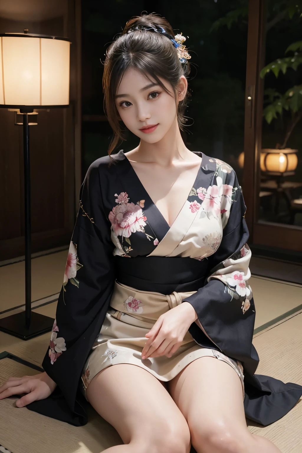 (Photorealsitic:1.4), (Top image quality:1.0), (超A high resolution:1.0), 8K, Raw photography, (​masterpiece:0.2), (pureerosface_v1:0.5)、(Best Quality Detail:1.2)、realisitic、8K UHD、hight resolution、(1girl in:1.2)、The ultra-detailliert、High quality textures、intricate detailes、detaileds、Very detailed CG、High quality shadows、Detail Beautiful delicate face、Detail Beautiful delicate eyes、depth of fields、Ray traching,1girl in, japanaese girl, Cute, slender, Black kimono, Kimono with Japanese pattern,Floral scrunchie, Beautiful skin, Facing the front,Sit down, Sit upright and say thank you,Align your hands elegantly,Smile faintly The Land of Japan,Japanese garden,Luxury Japanese-style room, skyporn, Magic Hour, (Realistic:1.3), Finely detailed, quality, (masutepiece:1.2), (Photorealistic:1.2), (Best Quality), (Intricate details), Dramatic, Ray tracing, photograph, +Lola