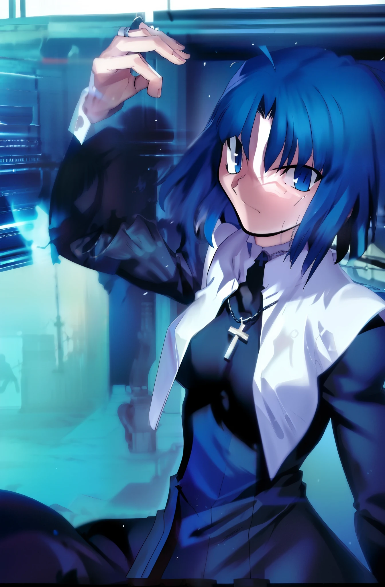 Takeuchi Takahashi, (best quality, 4k, 8k, highres,masterpiece:1.2), (ultra-detailed:1.5), ciel_(tsukihime), cowboy shot, 1girl, solo, (long sleeves black dress;1.4), chain, habit open, sad, looking at viewer, antenna hair, (ahoge:1), closed mouth, fingernails, breasts, medium breasts, cross, latin cross, cross, holding, necklace, nun, symmetrical, serious, (Shadowed:1.5), (eyebrow)
