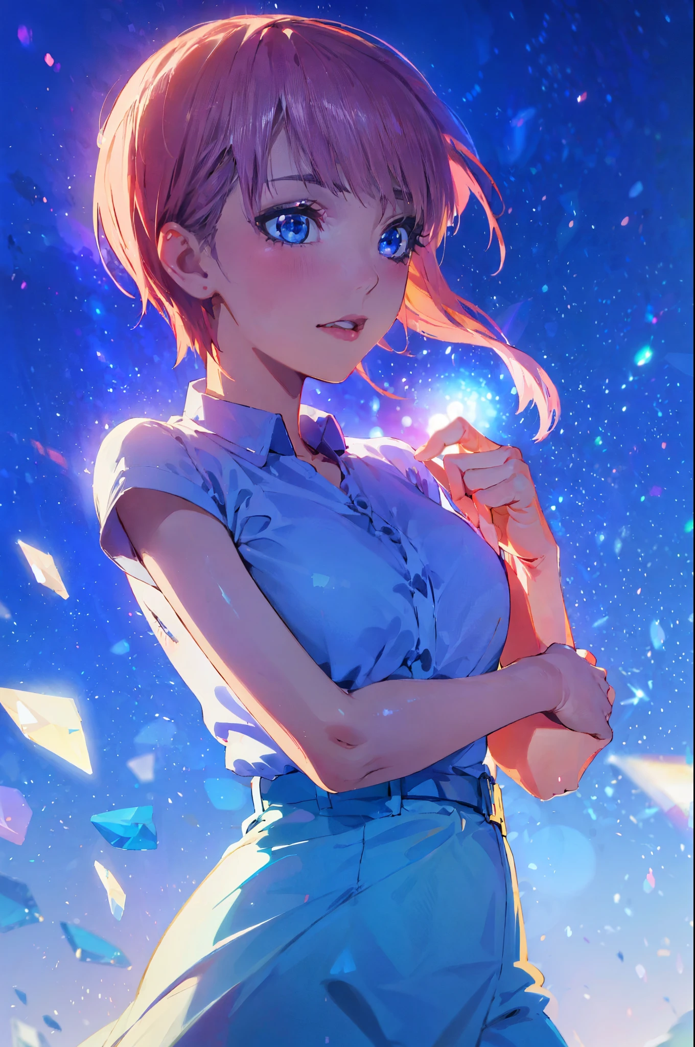 Wallpaper inspired by Your Name movie by Makoto shinkai. Starry sky, masterpiece, perfect anatomy, romantic, Kimi no na wa, extremely detailed faces. Cute faces, perfect faces, masterpiece, 4k, Cute as a dream、a pale, (masterpiece、top-quality、top-quality, Ultra Detail, Movie, Hyper Realism, Soft Light, Deep Focus Bokeh, Ray Tracing, --niji 5. crystal, fantasy, galaxy, transparent, shimmering, sparkling, splendid, colorful, magical photography, dramatic lighting, Ichika Nakano, short pink hair, blue eyes, nakano_ichika, photography pose, cowboy shot, close shot, collared white shirt slightly umbuttoned, iridescent, cute, crystal, love, blushing, sweet expression, splendid delicate dress, blue sky, iridescent clouds, pastels, dark starry sky,