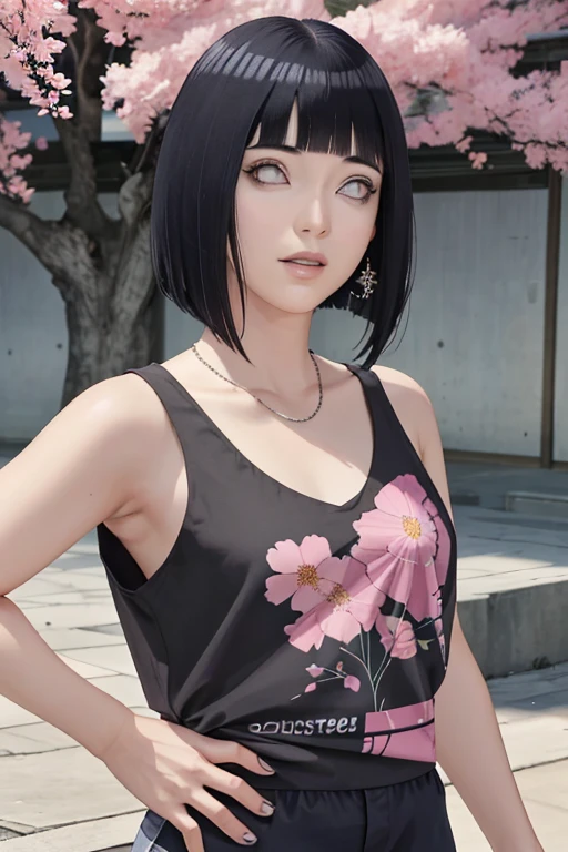 obra de arte, absurdos, Hinata\(boruto\), 1 garota, Sozinho,mulher madura, T-shirt v neck, mini saia de cintura alta, olhando para o espectador, (falling petals), perfect composition, detalhado lips, peito grande, Rosto bonito, body propotion, corar, (Pink lips), Cabelo longo, olhos roxos, olhar suave, super realista, detalhado, photoshoot, rosto e corpo realistas, decote