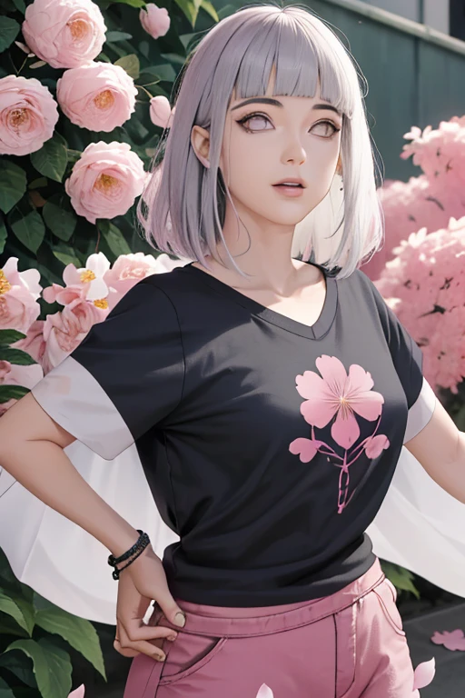 obra de arte, absurdos, Hinata\(boruto\), 1 garota, Sozinho,mulher madura, T-shirt v neck, mini saia de cintura alta, olhando para o espectador, (falling petals), perfect composition, detalhado lips, peito grande, Rosto bonito, body propotion, corar, (Pink lips), Cabelo longo,  olhos roxos,  olhar suave,  super realista, detalhado, photoshoot, rosto e corpo realistas, decote