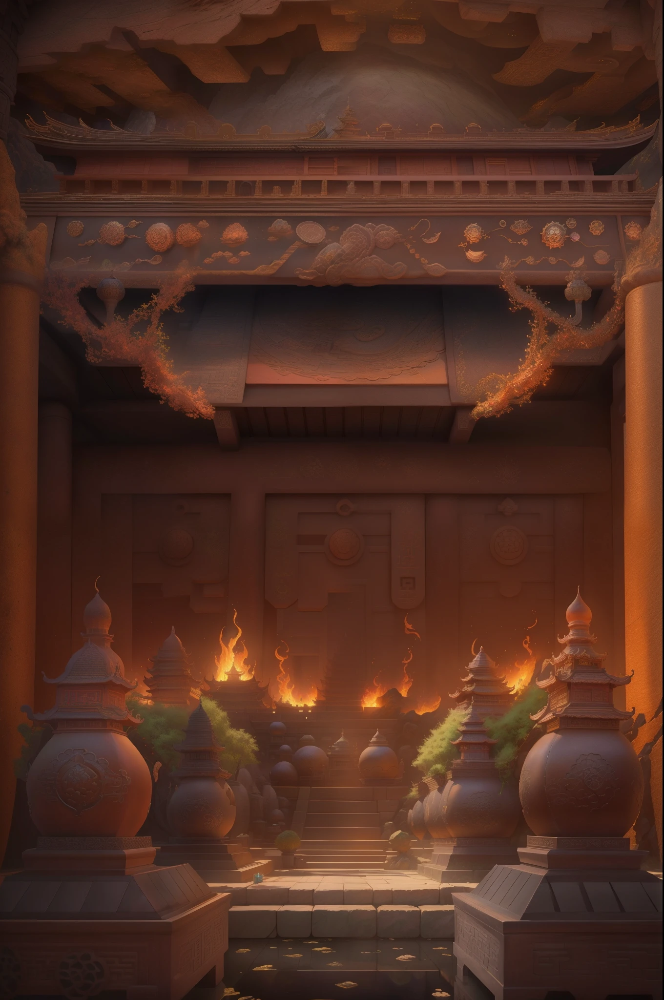 Intricate underground palace,mechanisms,ingenious design,ornate decorations,everlasting flames,myriad of burial objects,mysterious creatures,maze of the dragon's tomb,Qin Shi Huang's mausoleum,Terracotta Army,Mercury river,levitating palace,(best quality,4k,8k,highres,masterpiece:1.2),ultra-detailed,(realistic,photorealistic,photo-realistic:1.37),HDR,UHD,studio lighting,ultra-fine painting,sharp focus,physically-based rendering,extreme detail description,professional,vivid colors,bokeh,landscape,wispy color tones,warm lighting