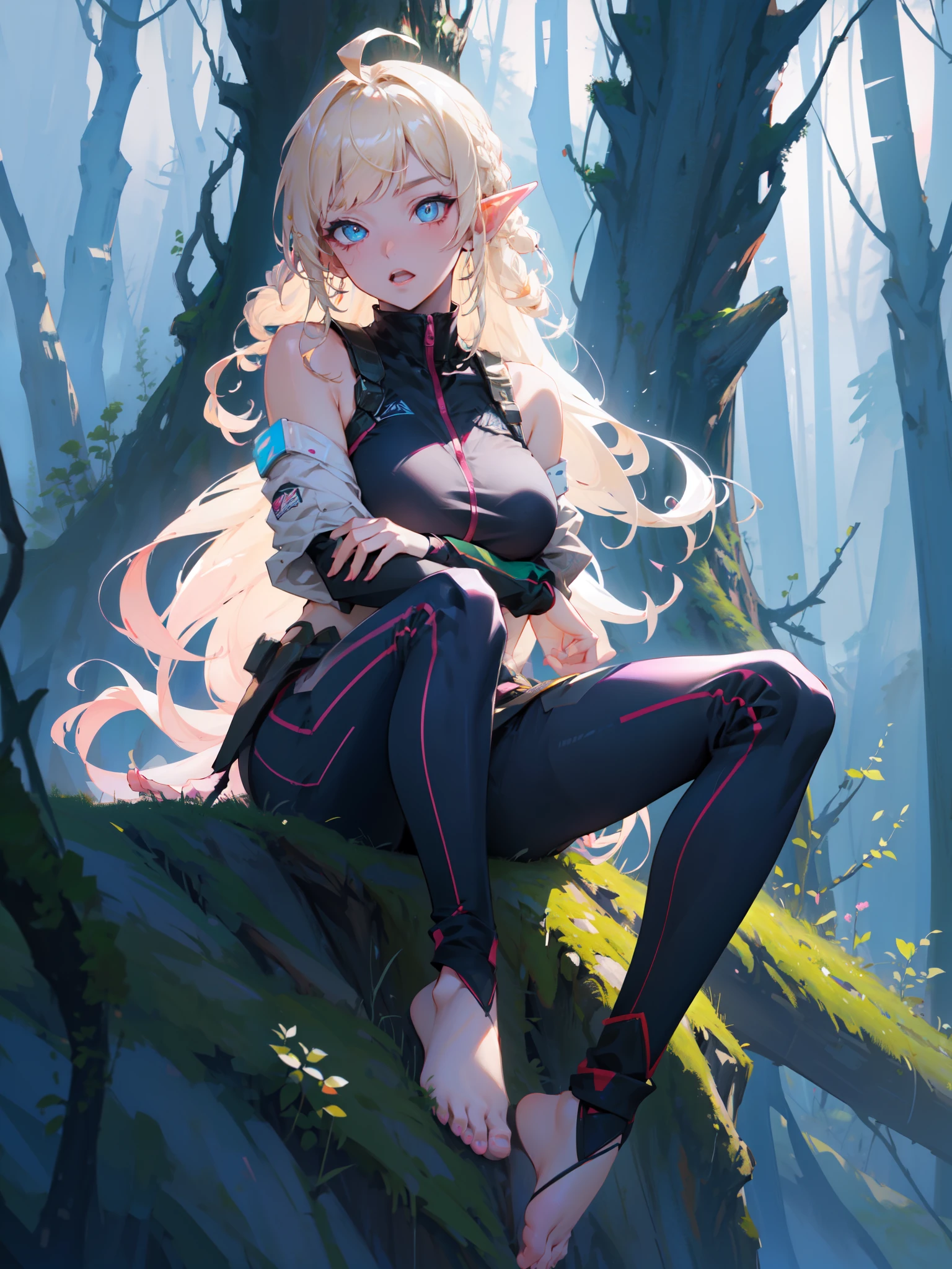 ((masterpiece)), (top quality), (best quality), ((ultra-detailed, 8k quality)), Aesthetics, Cinematic lighting, soft semi-backlit light, (detailed line art), absurdres, (best composition), (high-resolution),
BREAK,
a beautiful adult cyberpunk elf girl, (barefoot), black harajuku fashion, wearing techwear, wearing cyberpunk streetwear, techwear, cyberpunk techwear streetwear look and clothes, we can see them from feet to head, highly detailed and intricate, cyberpunk style, ((sitting, leaning against a tree)), singing, (((with a forest in the background))), (one arm behind Head), Breeze, anime illustration,  pastel colors, kawaii, cute colors, smooth,
BREAK,
highly detailed of (elf), (1girl), solo, perfect face, details eye, ahoge,  (braided bangs:1.3), ((long hair:1.2)), [[Messy hair]], blonde white shining hair,  blue eyes, shining eyes, (beautiful detailed eyelashes, eyeshadow, pink eyeshadow), open_mouth, design art by Mikimoto Haruhiko, by Kawacy, By Yoshitaka Amano,
BREAK, 
((perfect anatomy)), perfect body, Abs, medium breast, perfect hands, perfect face, beautiful face, beautiful eyes, perfect eyes, (perfect fingers, deatailed fingers), correct anatomy, perfect legs,