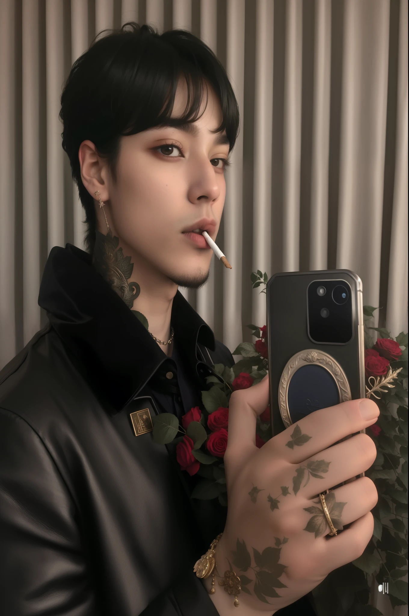 homem arafado com um cigarro na boca tirando uma selfie, kim taehyung, taehyung kim, hyung tae, V, estilo de seb mckinnon, ulzzang, beautiful androgynous prince, delicate androgynous prince, BTS V, androgynous, gothic aesthetic, androgynous person, imagem de perfil