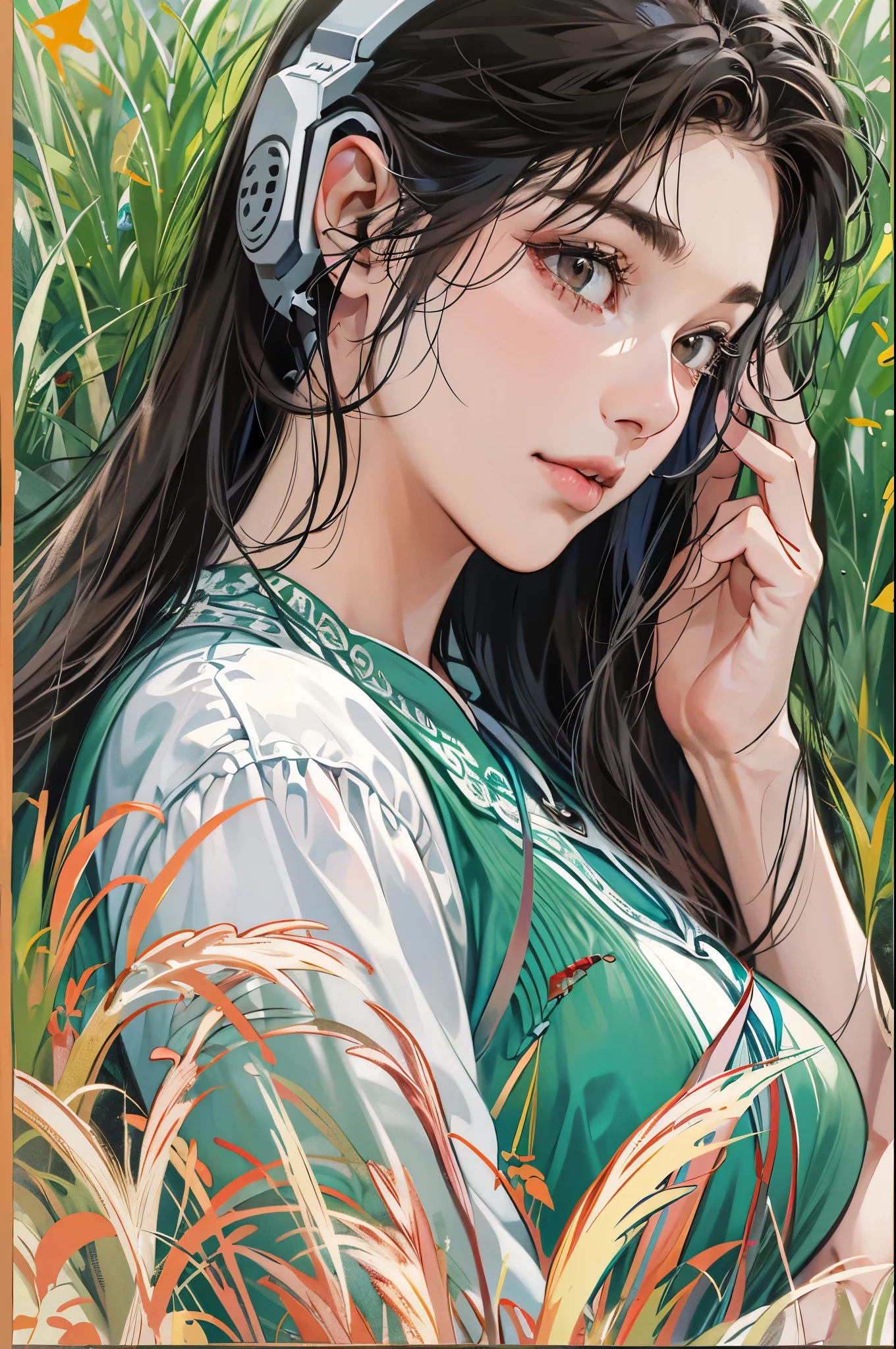 (absurdres, highres, ultra detailed, realistic, ), 1 18year-old,girl, solo, elegance, long black hair, brown eyes, earphone,blue sky and grass background, ultra - detailed, best quality, Detailed diagram, vectorized, 8K, Graphic design, vector lines, Full-HD,full body