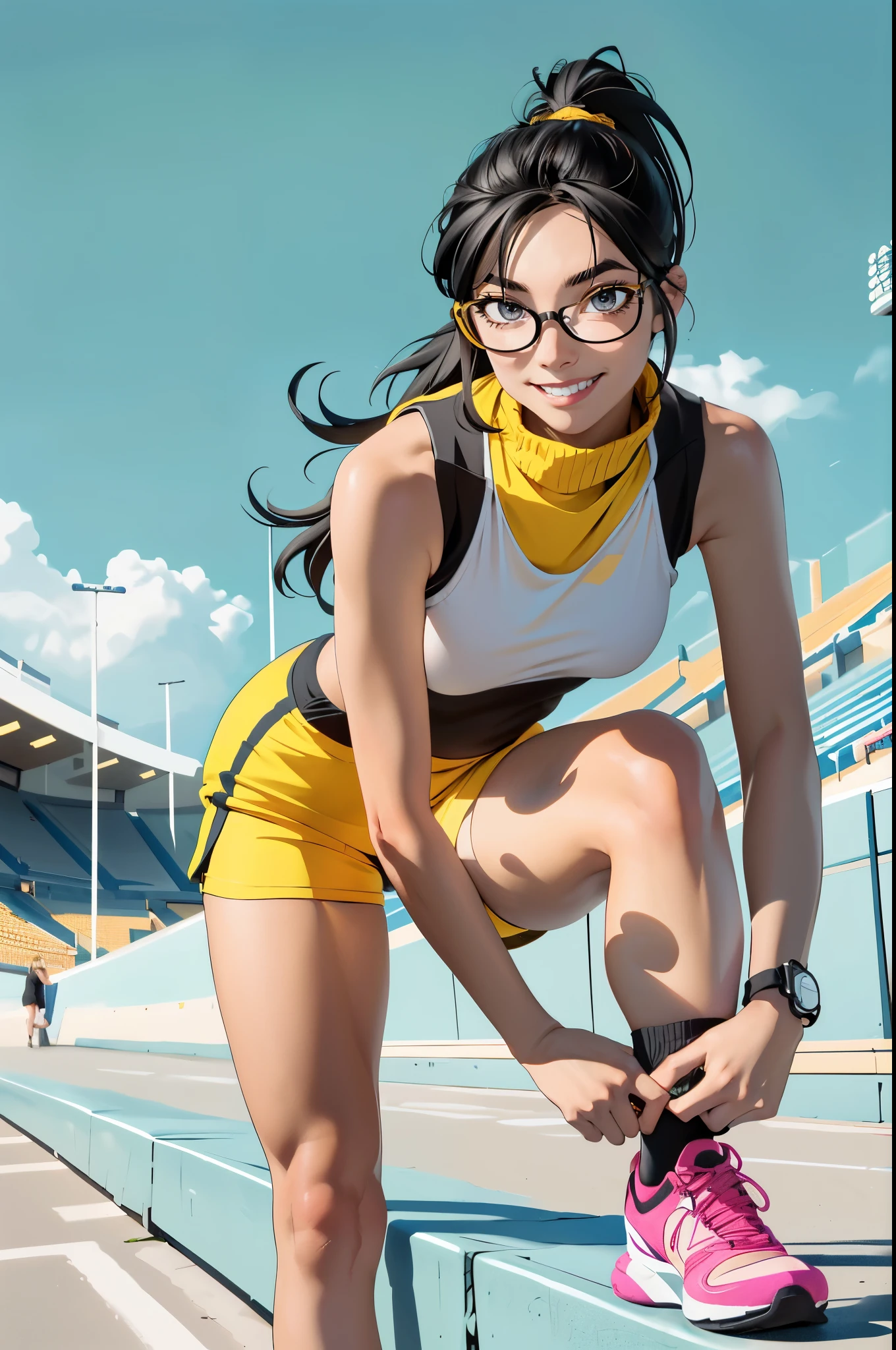 Beautiful female runner, , preparing to practice running, bending over to tie shoelaces, black hair, ponytail, bangs, smile a little, wearing glasses, ((wearing a sleeveless sports bar, turtleneck, black shorts and yellow, (underboob))), The stomach has sexy lines, yellow running shoes, in the stadium stands, anime, high resolution