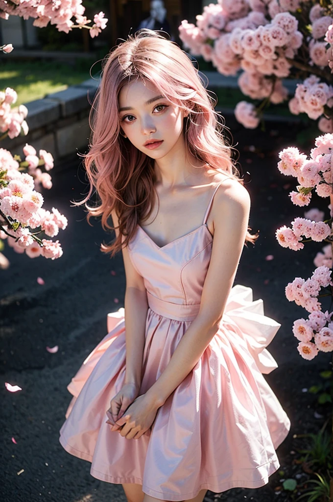 Light pink hair, pink eyes, pink and white, sakura leafs, vivid colors, white dress, ultra realistic, simple background, ray tracing, wavy hair. RULE: Generate me the same model from above in 10 different poses with different backgrounds