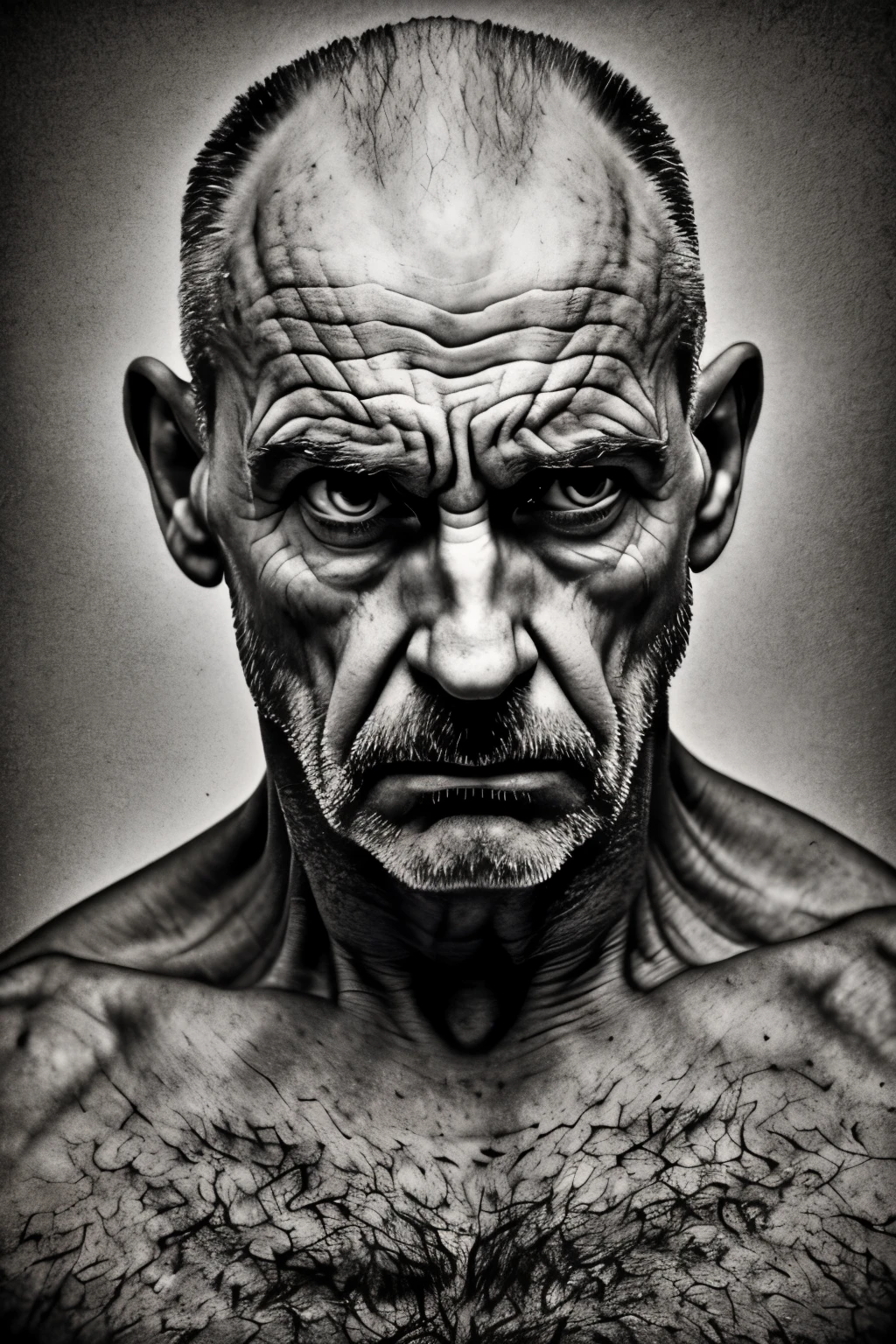 Man with a furious expression, looking over his arm with an outstretched hand -- a powerful and Intense depiction, detailed wrinkles and veins on the forehead, sharp focus on the fierce eyes, High Contrast lighting, RAW image, film grain texture, heavy shadows, DSLR capture, the muscles in his forearm popping out, veins bulging, detailed hand texture, High definition, Center framed, dramatic composition.
