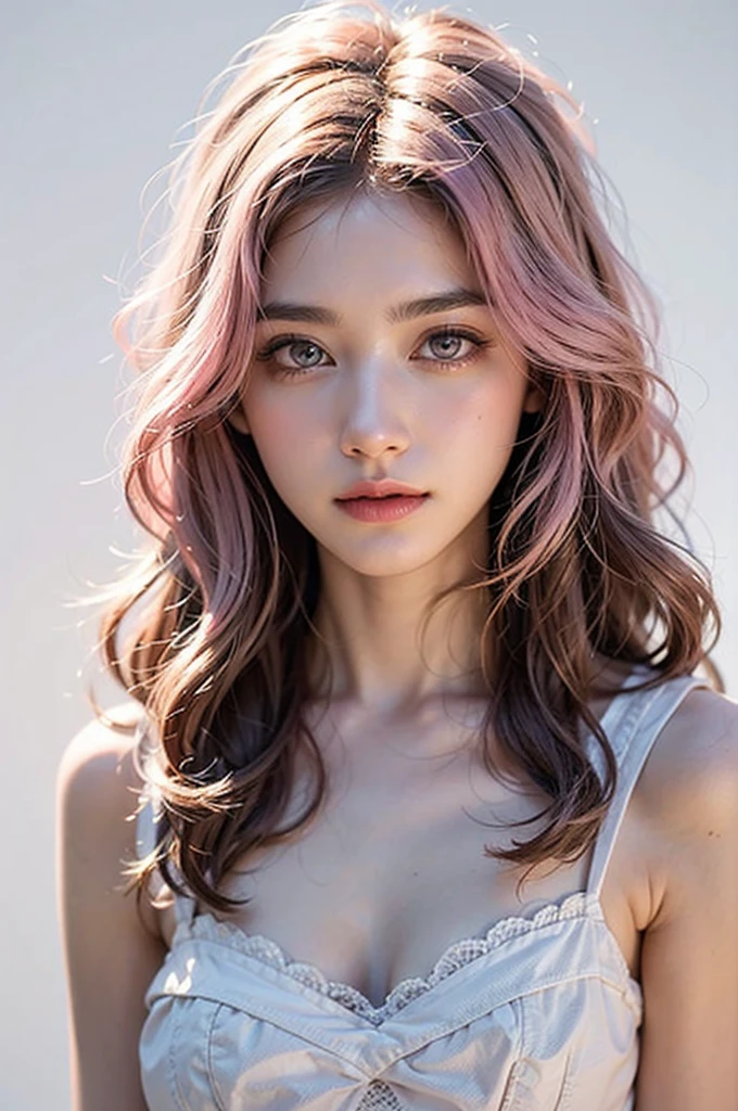 Light pink hair, pink eyes, pink and white, vivid colors, white dress, ultra realistic, simple background, ray tracing, wavy hair. RULE: Use a different background every picture