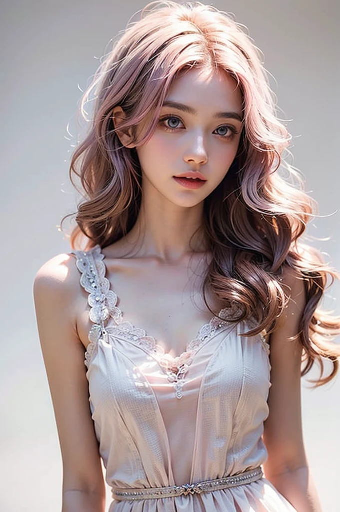 Light pink hair, pink eyes, pink and white, vivid colors, white dress, ultra realistic, simple background, ray tracing, wavy hair. RULE: Use a different background every picture