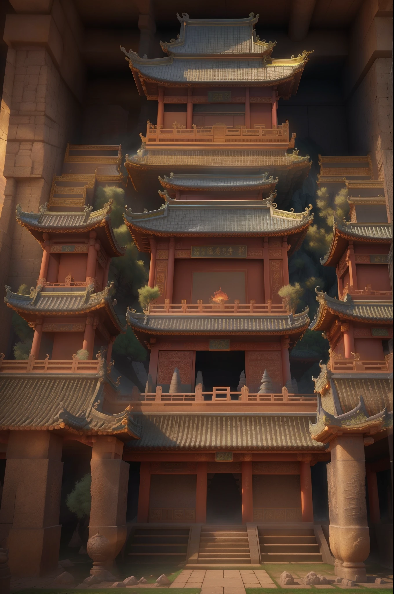Hanshan Temple outside Gusu City, the midnight bell to the passenger ship, superb, masterpiece, illustration, wallpaper, absurd, bird&#39;s eye view, bird&#39;s eye view: 0.3