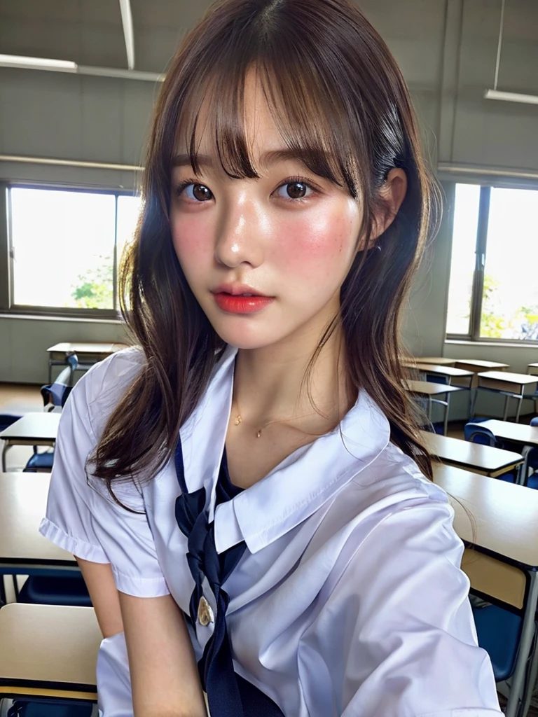 masterpiece, close-up shot of face, Front view, young beautiful japanese woman,inside the classroom, glamorous look, He is wearing a shiny satin plain collared shirt.。,wearing shiny black slacks, absolutely beautiful face, glossy lips, double eyelids in both eyes, natural makeup, long eyelashes, Shiny smooth light brown medium length hair, asymmetrical bangs, sunburned skin, alone in the classroom, Textbooks and notes on the desk, head frame, center image, 8K resolution, high detail, detailed hairstyle, detailed face, great cinematic lighting, octane rendering, vibrant, surreal, perfect limbs, perfect anatomy